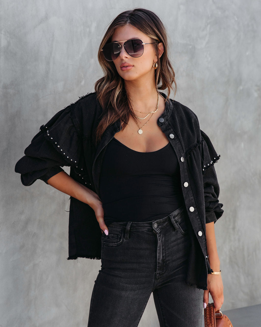 Darcey Denim Studded Frayed Lightweight Jacket - Black - SALE