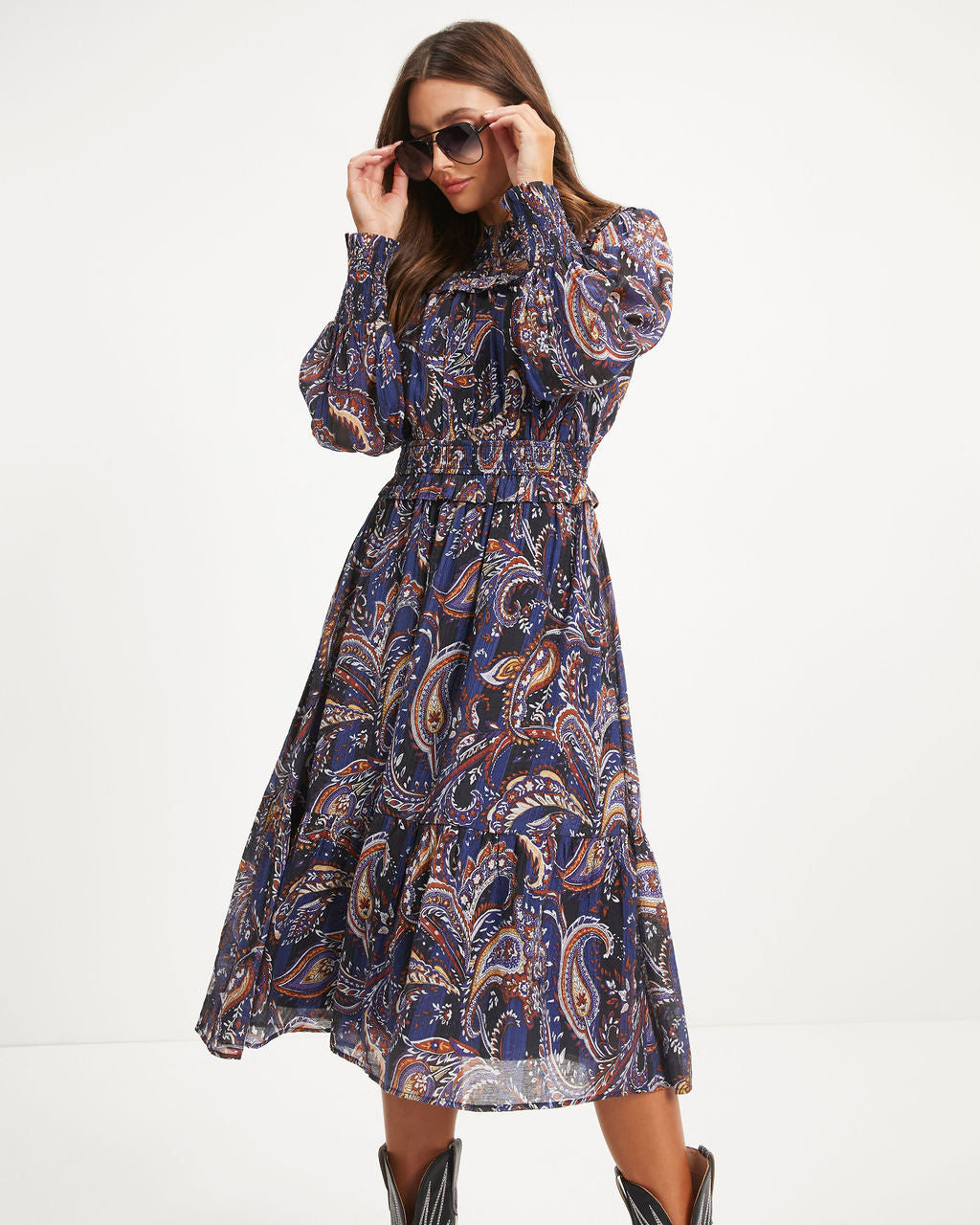 Renn Paisley Ruffle Smocked Midi Dress