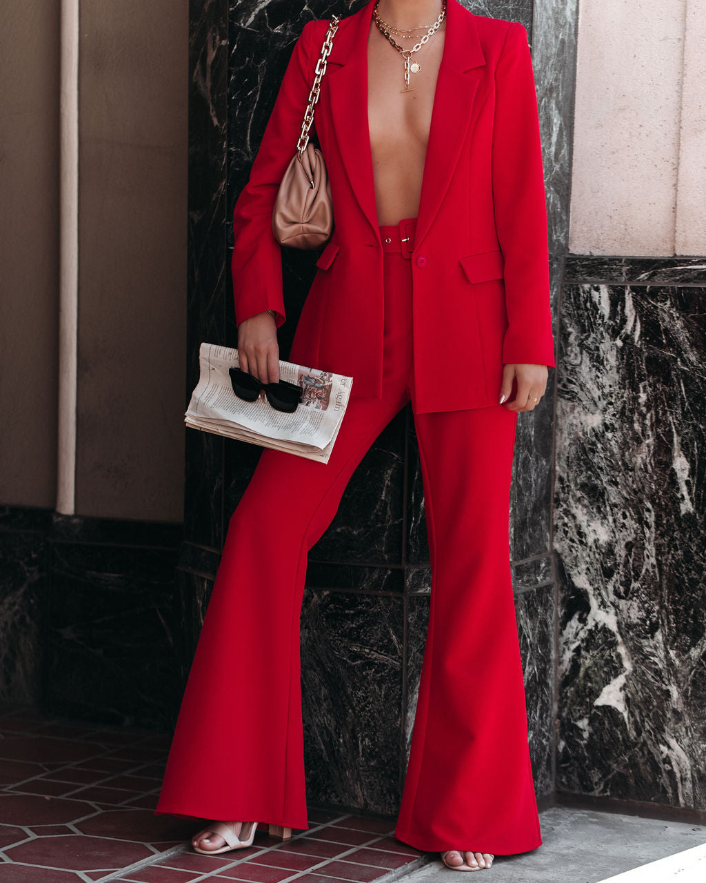 Runway Pocketed Belted Flare Trousers - Red