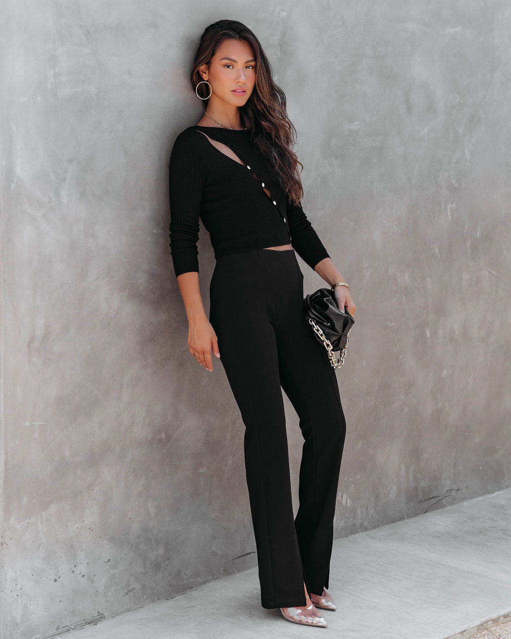 Look At Me Knit Cutout Long Sleeve Top - Black