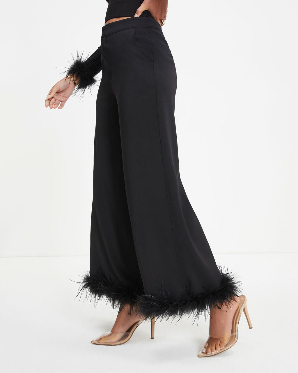 New Lover Feather Trim Pocketed Pants - Black