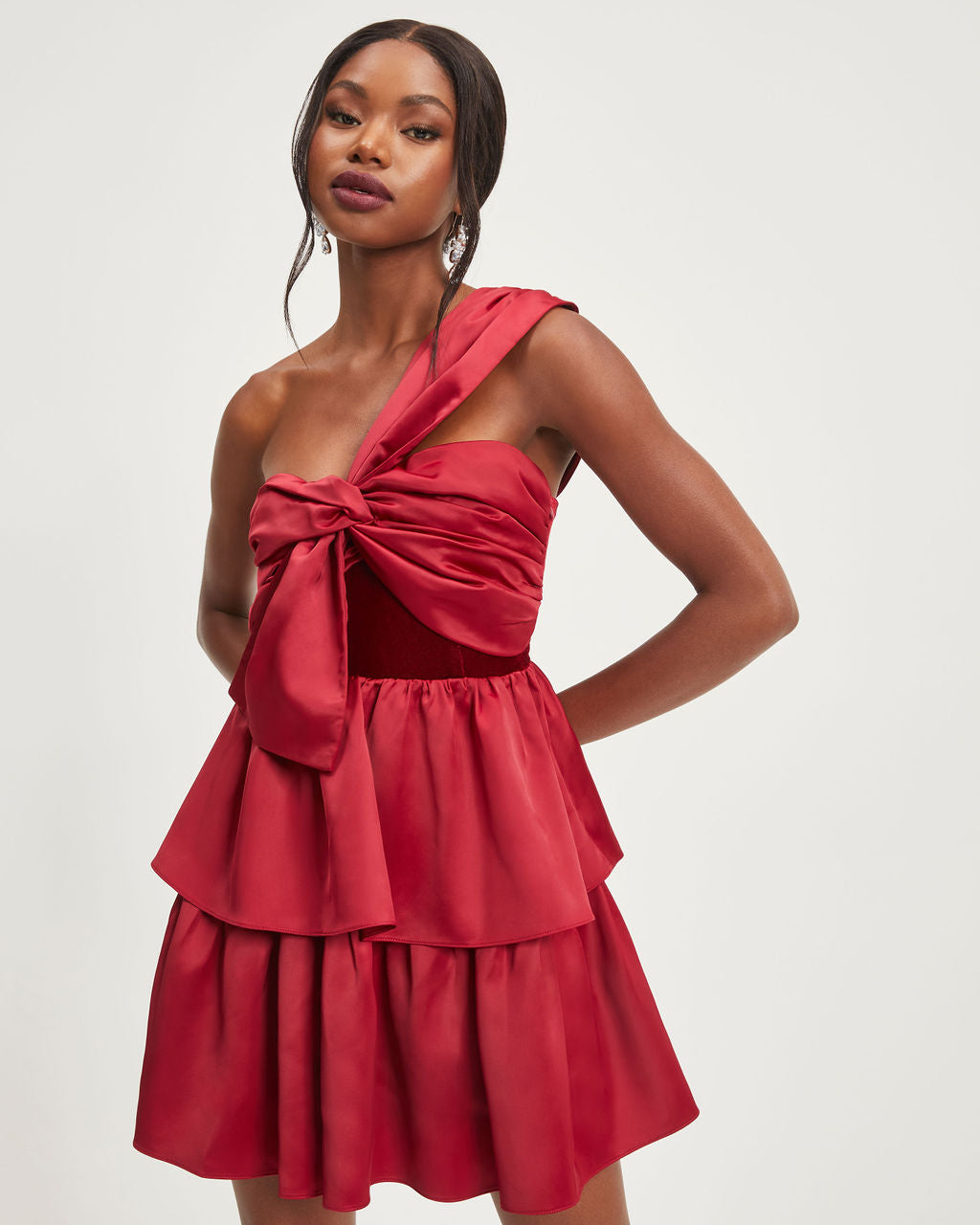 Such A Joy Satin Velvet One Shoulder Tiered Mini Dress - Wine