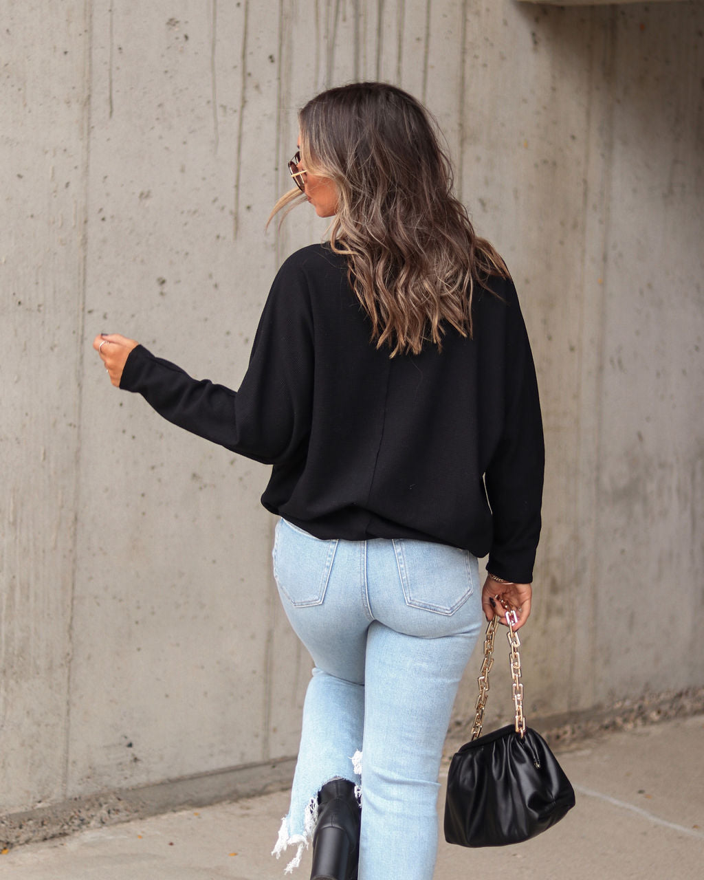 Fitch Waffle Knit Dolman Long Sleeve Top - Black