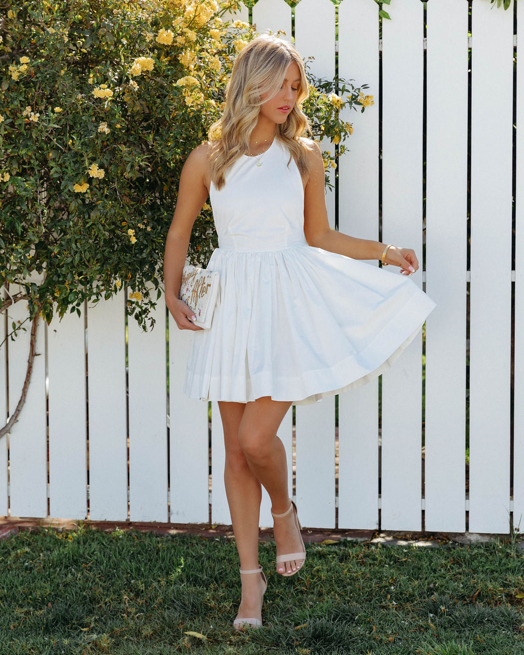 Vanie Cotton Pocketed Halter Mini Dress - Off White - SALE