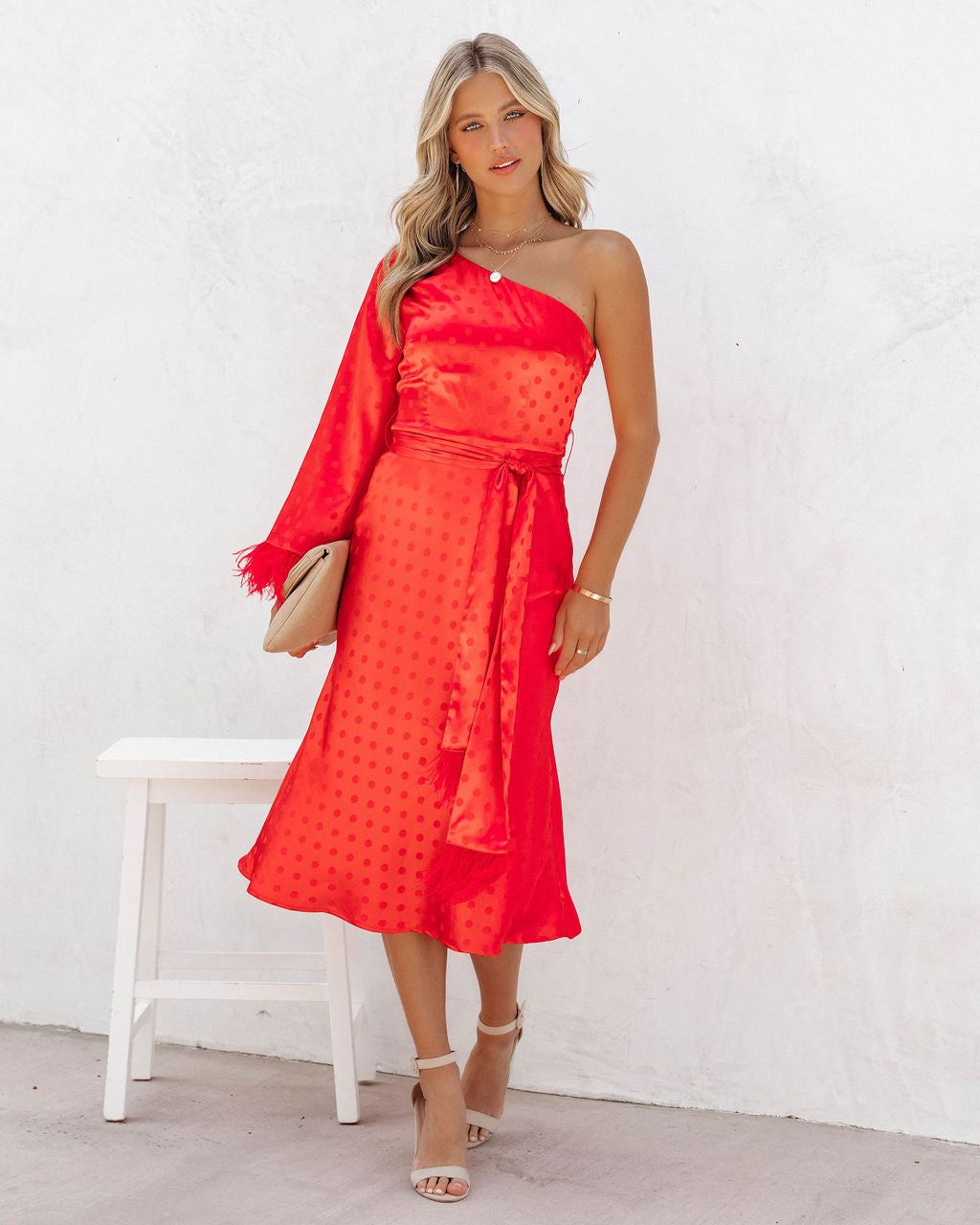 Margaux Satin Feather Trim Midi Dress - Red - FINAL SALE