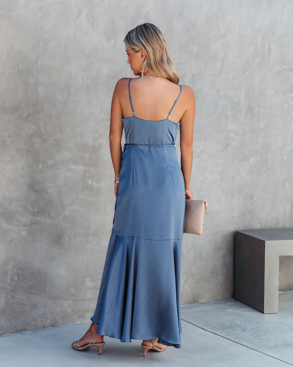 Undeniable Love Satin Ruffle Maxi Dress - Dusty Blue