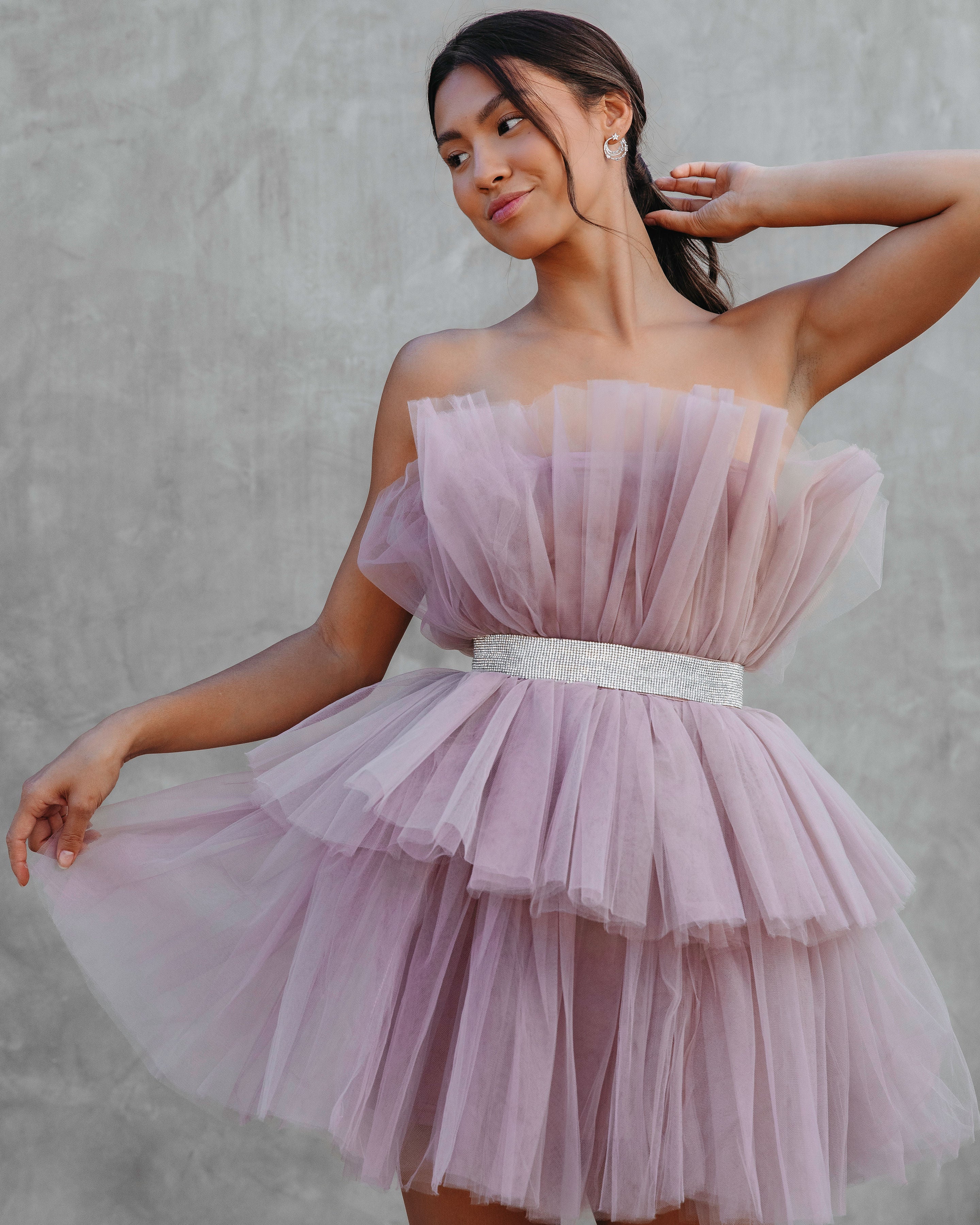 Beauty Queen Strapless Tiered Tulle Embellished Mini Dress - Dusty Lavender
