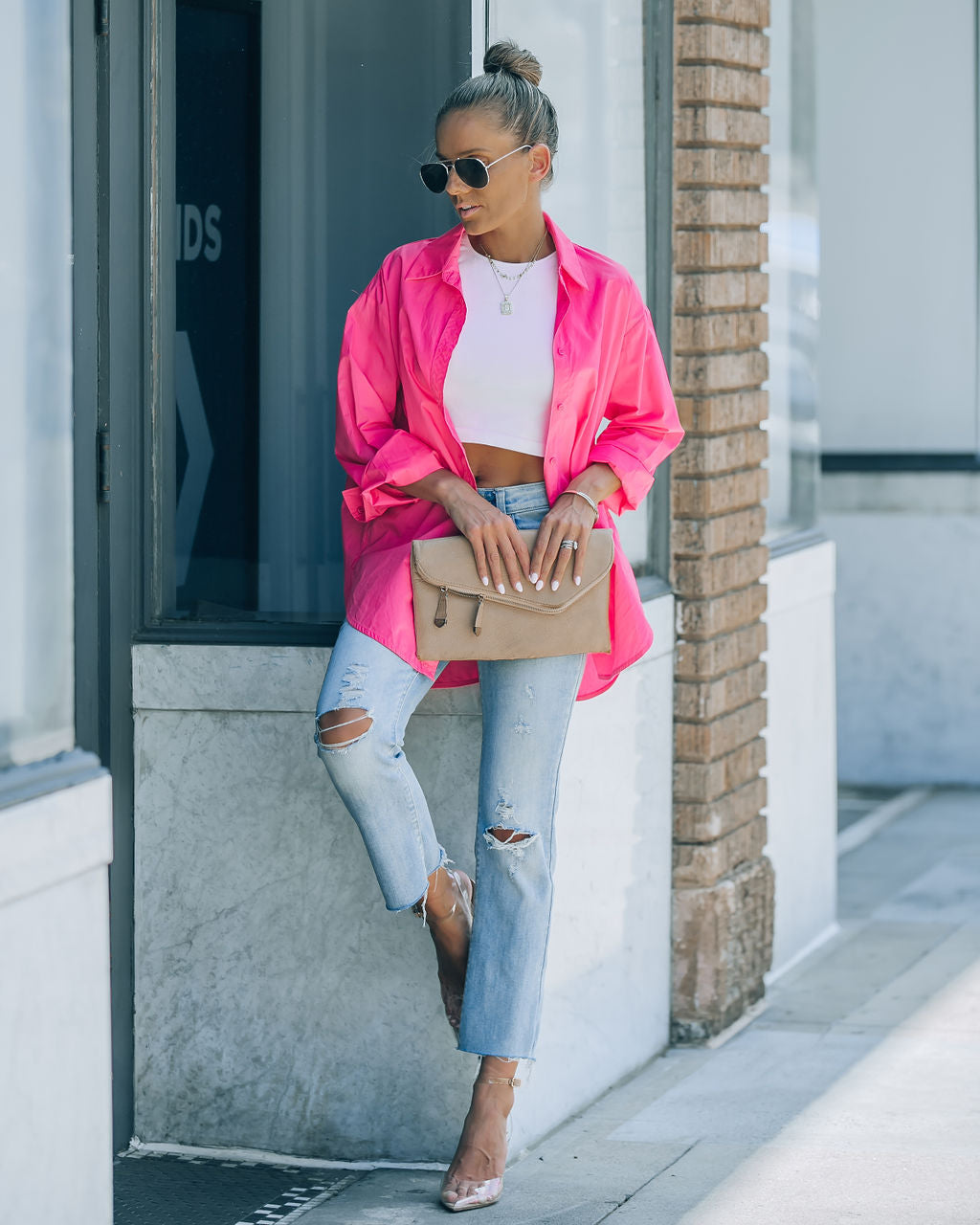 Leslie Button Up Cotton Top - Hot Pink - FINAL SALE