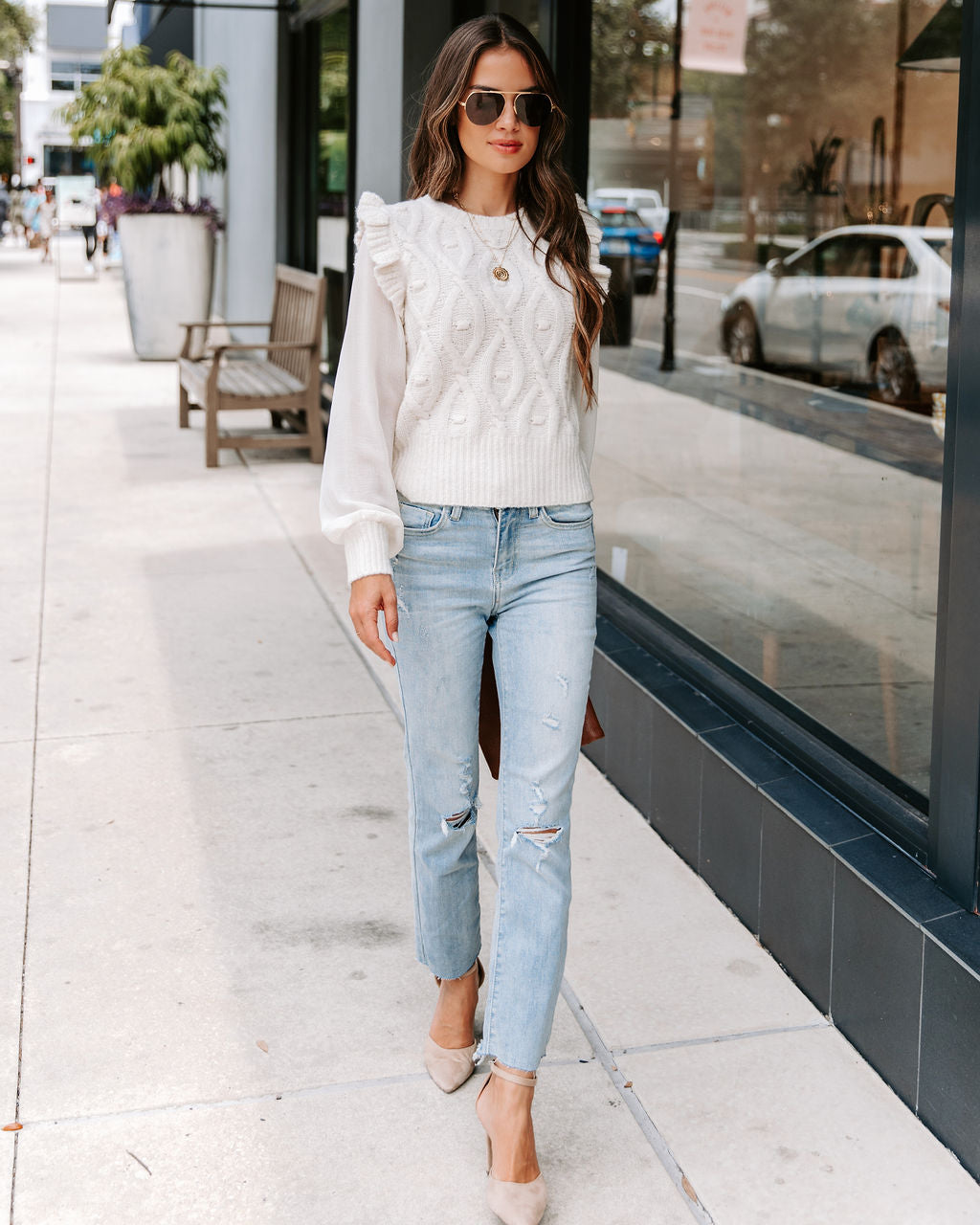 Never Settling Knit Contrast Top - Ivory