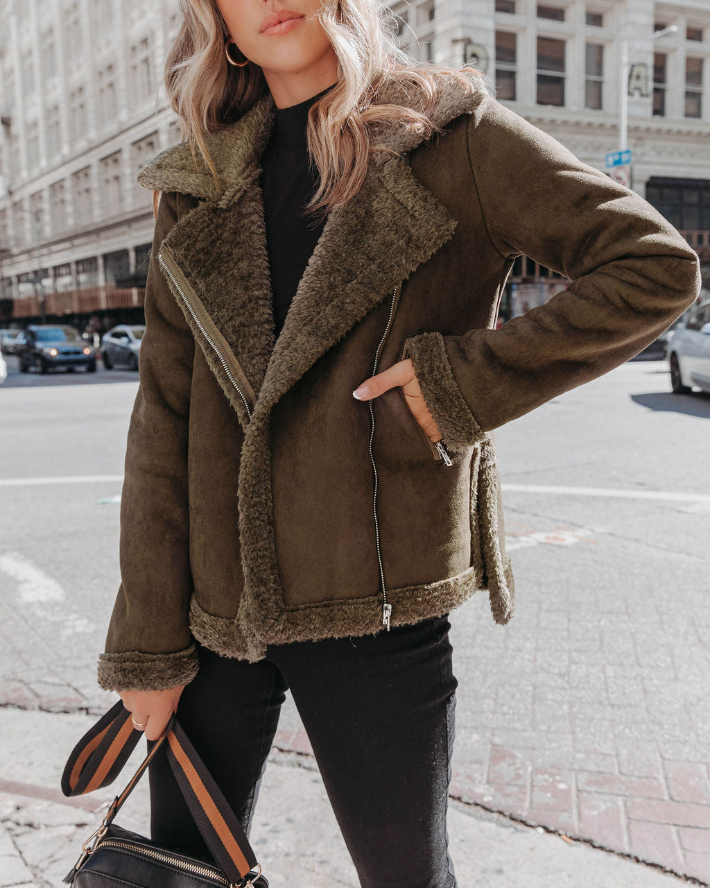 Earhart Pocketed Faux Suede Jacket - Olive
