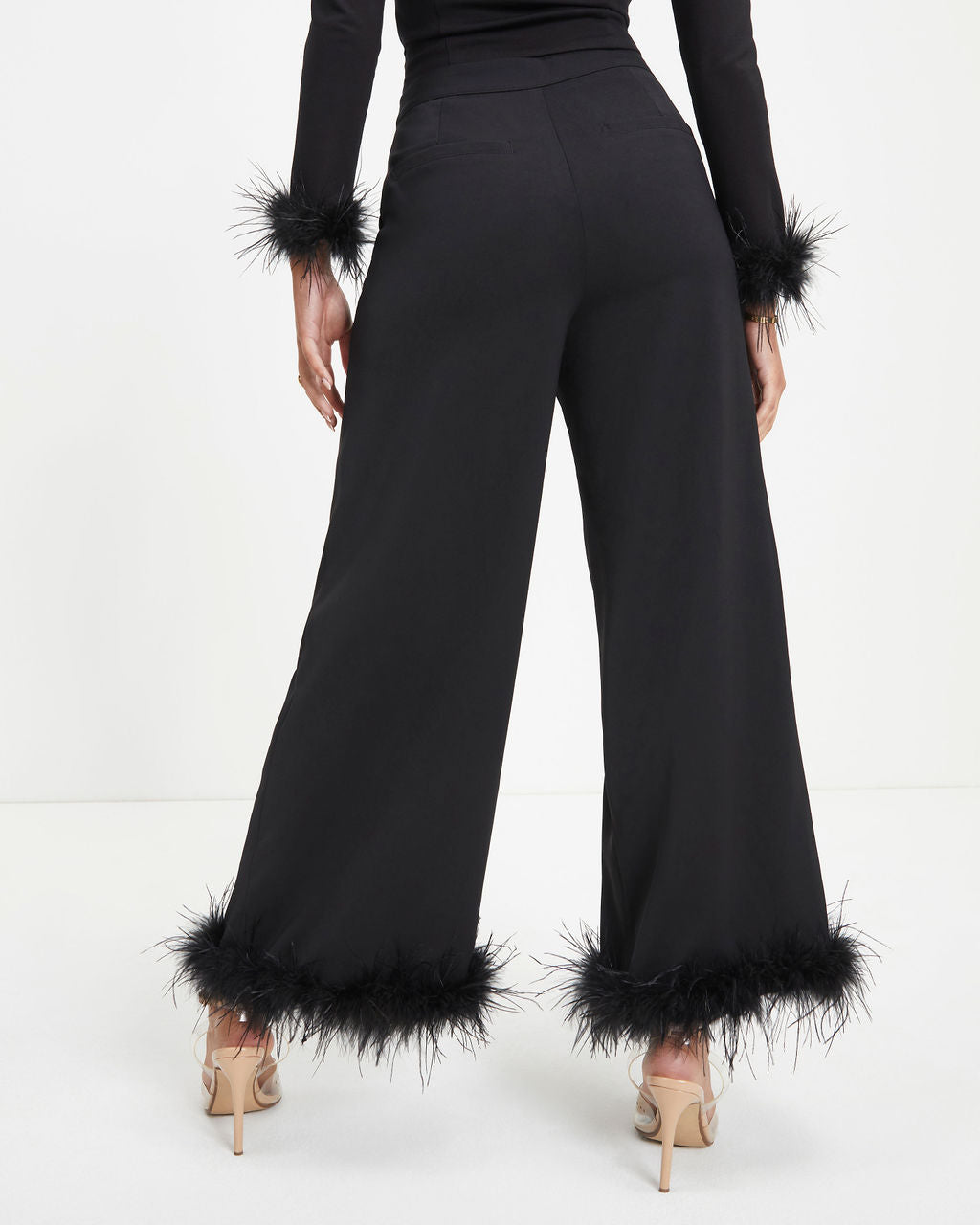New Lover Feather Trim Pocketed Pants - Black