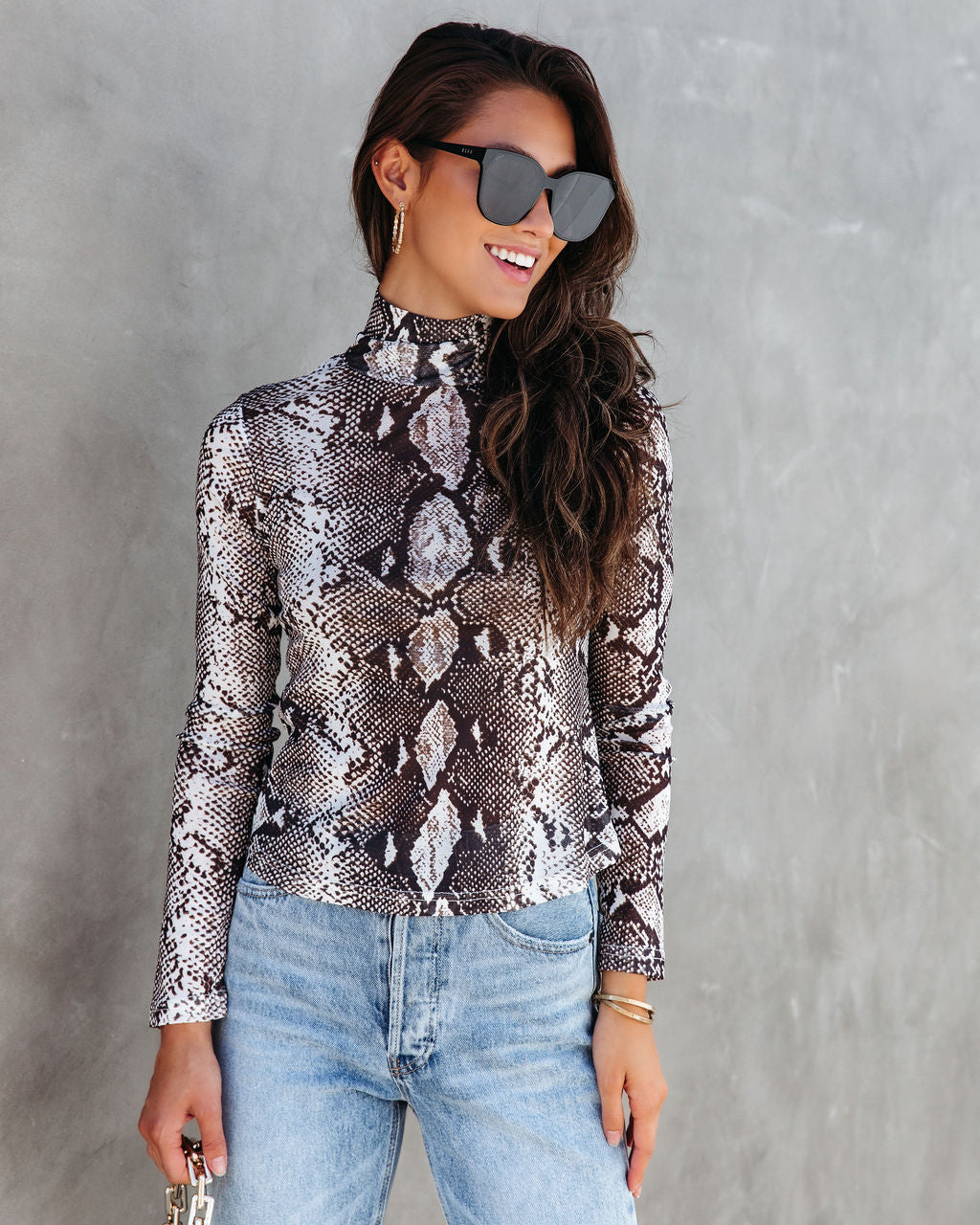 Serpentine Snake Print Sheer Turtleneck Top - Grey - SALE