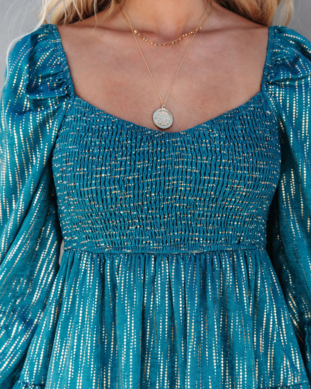 Shine On Metallic Tiered Babydoll Dress - Teal