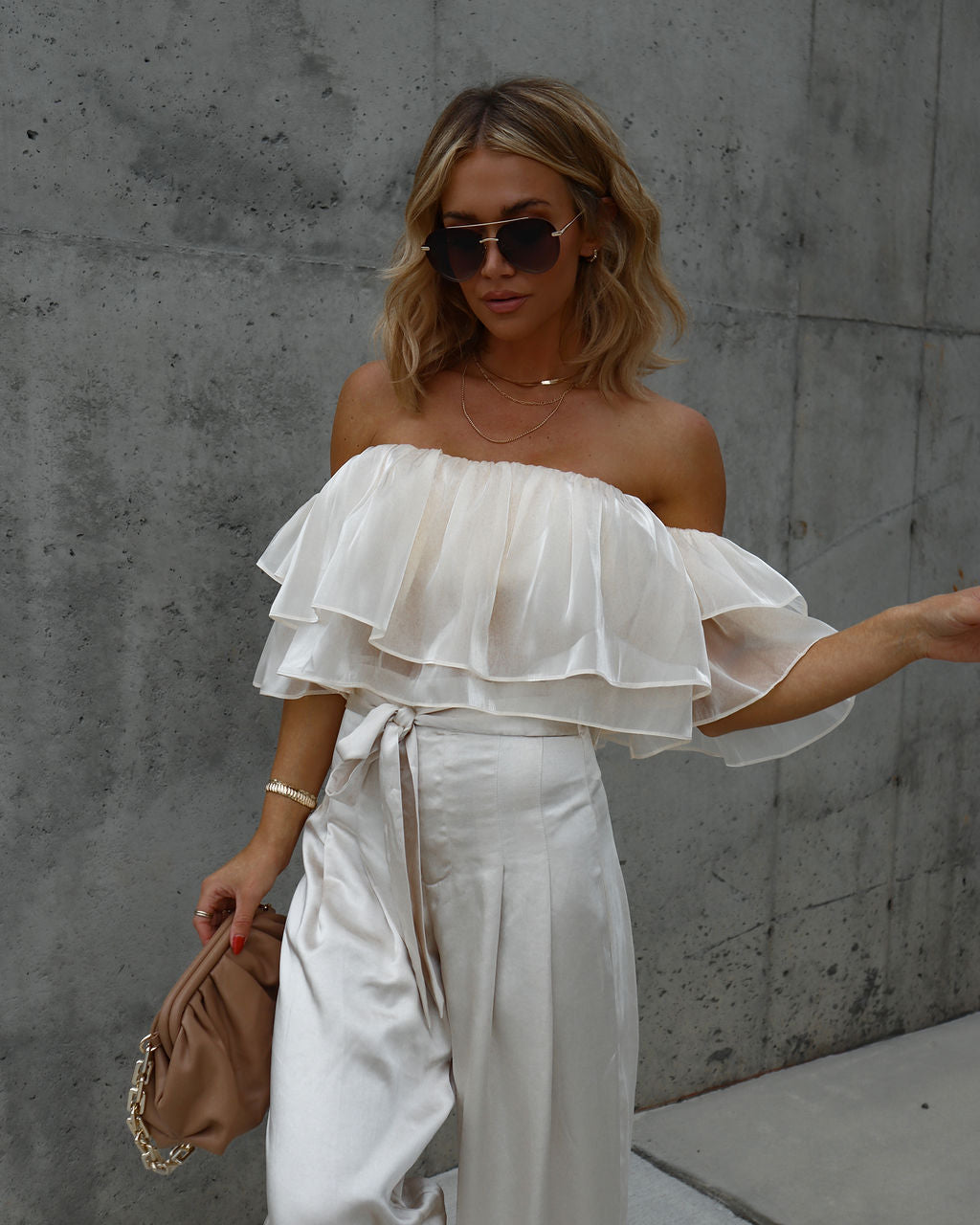 Chloe High Sheen Off The Shoulder Crop Top - Cream