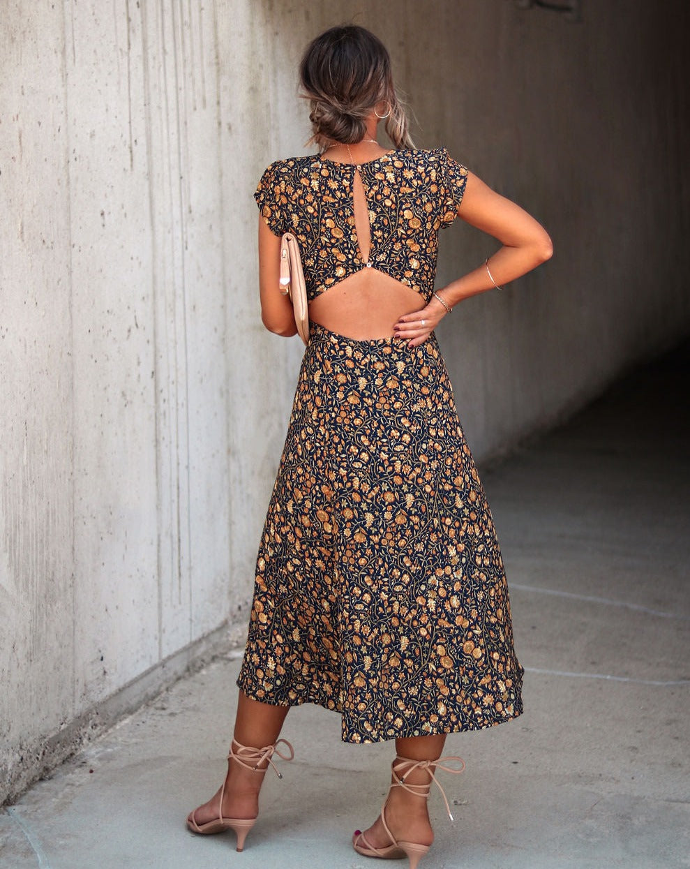Harvest Sunshine Floral Cutout Midi Dress