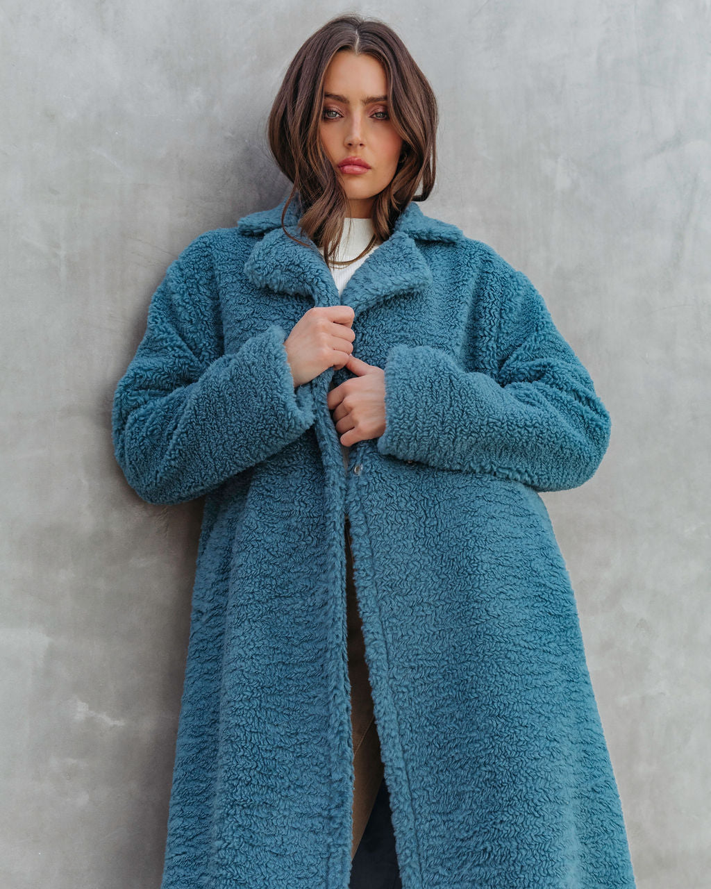Of The Essence Pocketed Teddy Coat - Dusty Teal