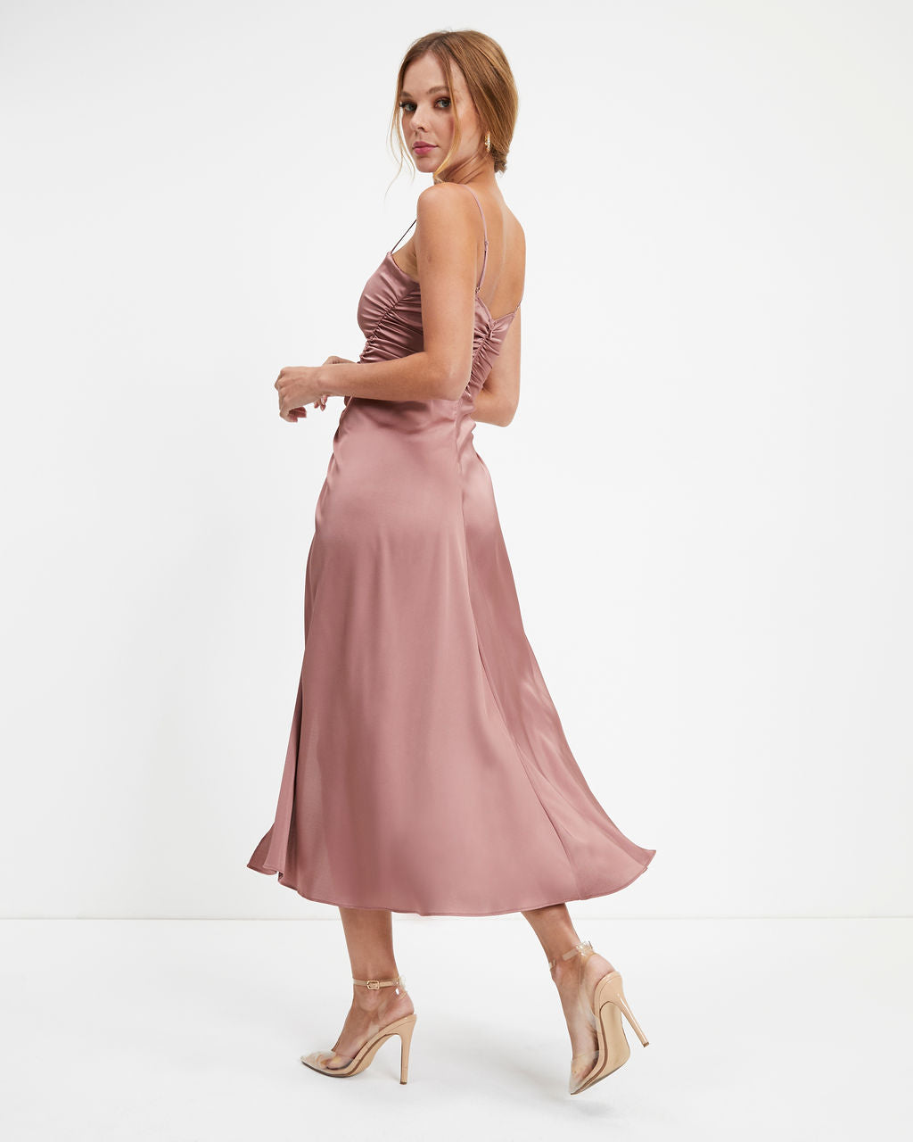 Luxe Doll Satin Drape Slit Midi Dress - Rose - FINAL SALE