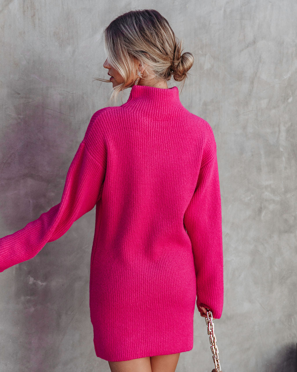 Uptown Girl Mock Neck Sweater Dress - Hot Pink