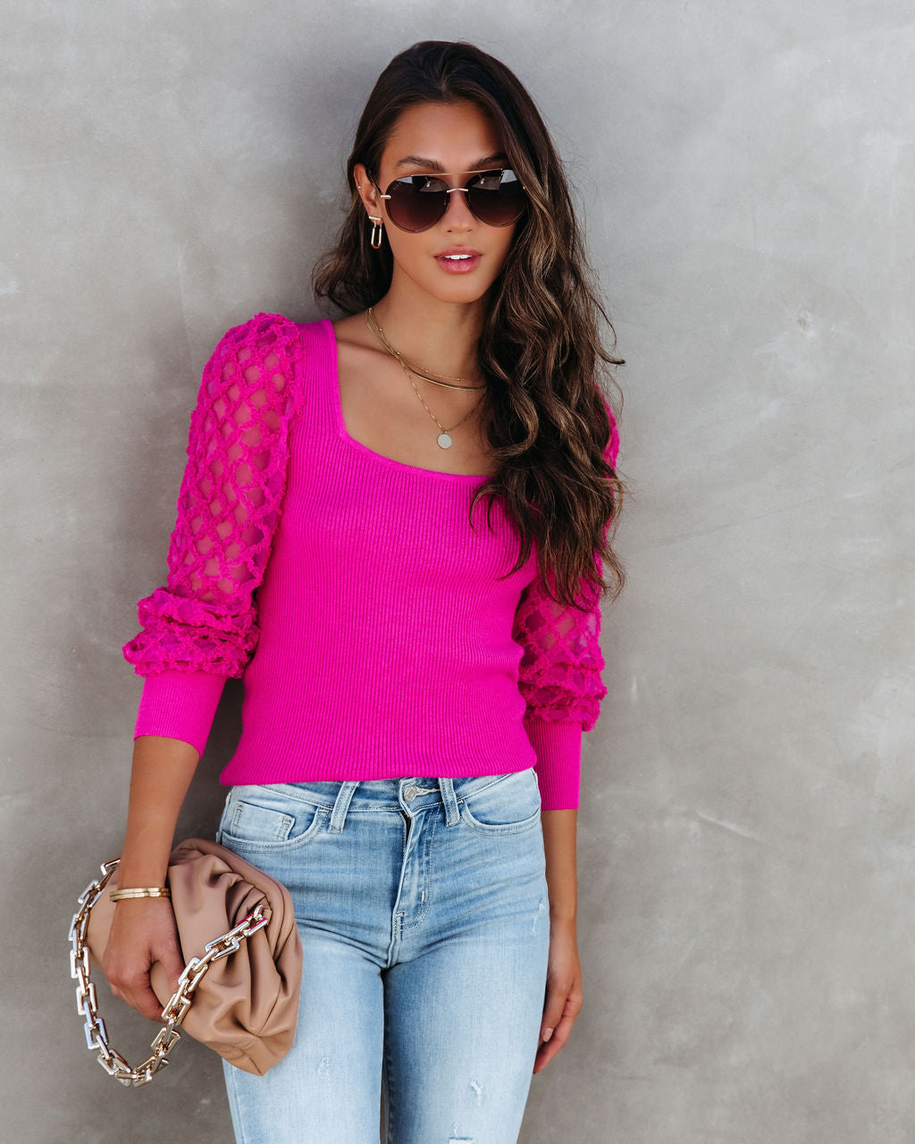 Super Fabulous Ribbed Tulle Contrast Top - Hot Pink