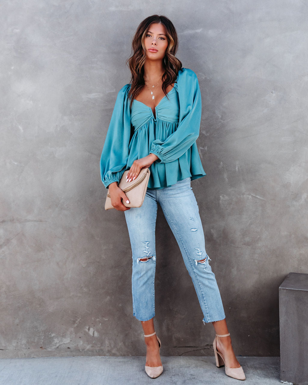 Such A Goddess Lace Up Babydoll Top - Seafoam