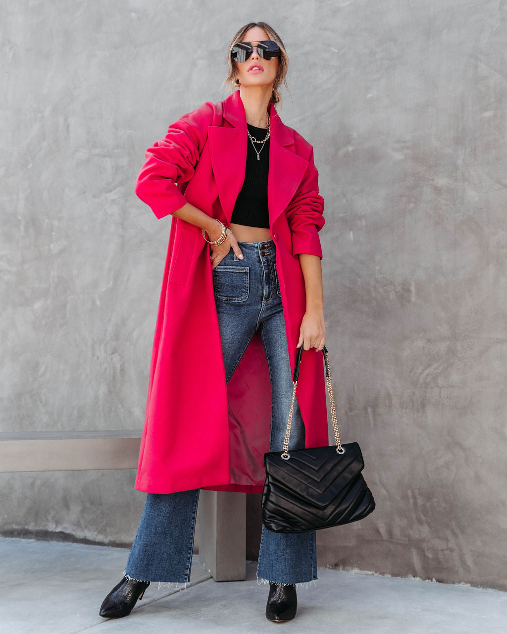 City Night Vibes Pocketed Coat - Fuchsia