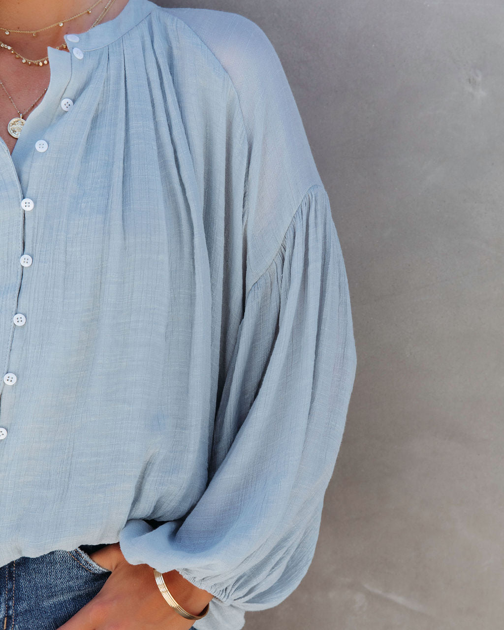 Bodhi Balloon Sleeve Button Up Top - Light Blue