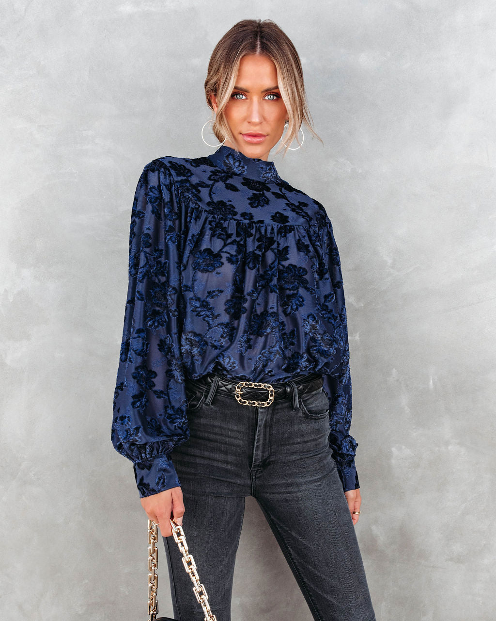 Jane Floral Burnout Velvet Top - Navy