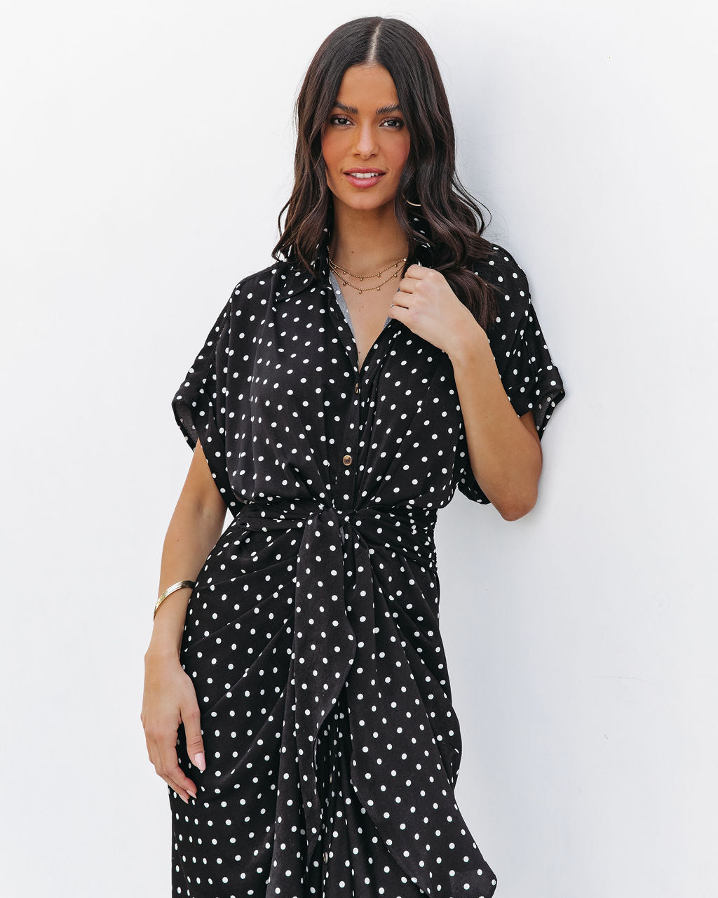 Aurielle Polka Dot Tie Front Midi Shirt Dress - Black - FINAL SALE