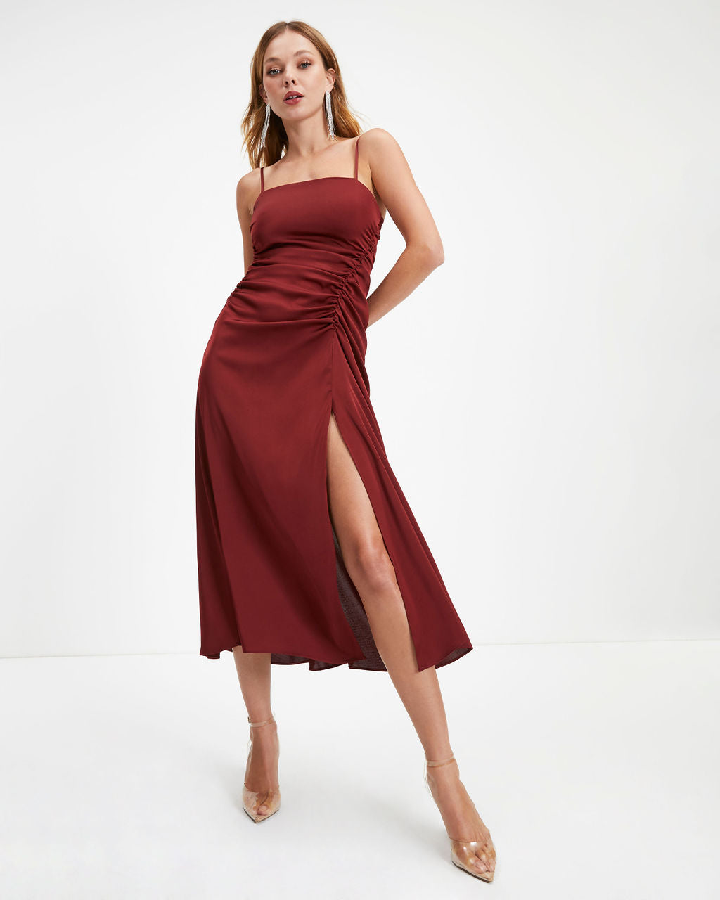 Luxe Doll Satin Drape Slit Midi Dress - Merlot