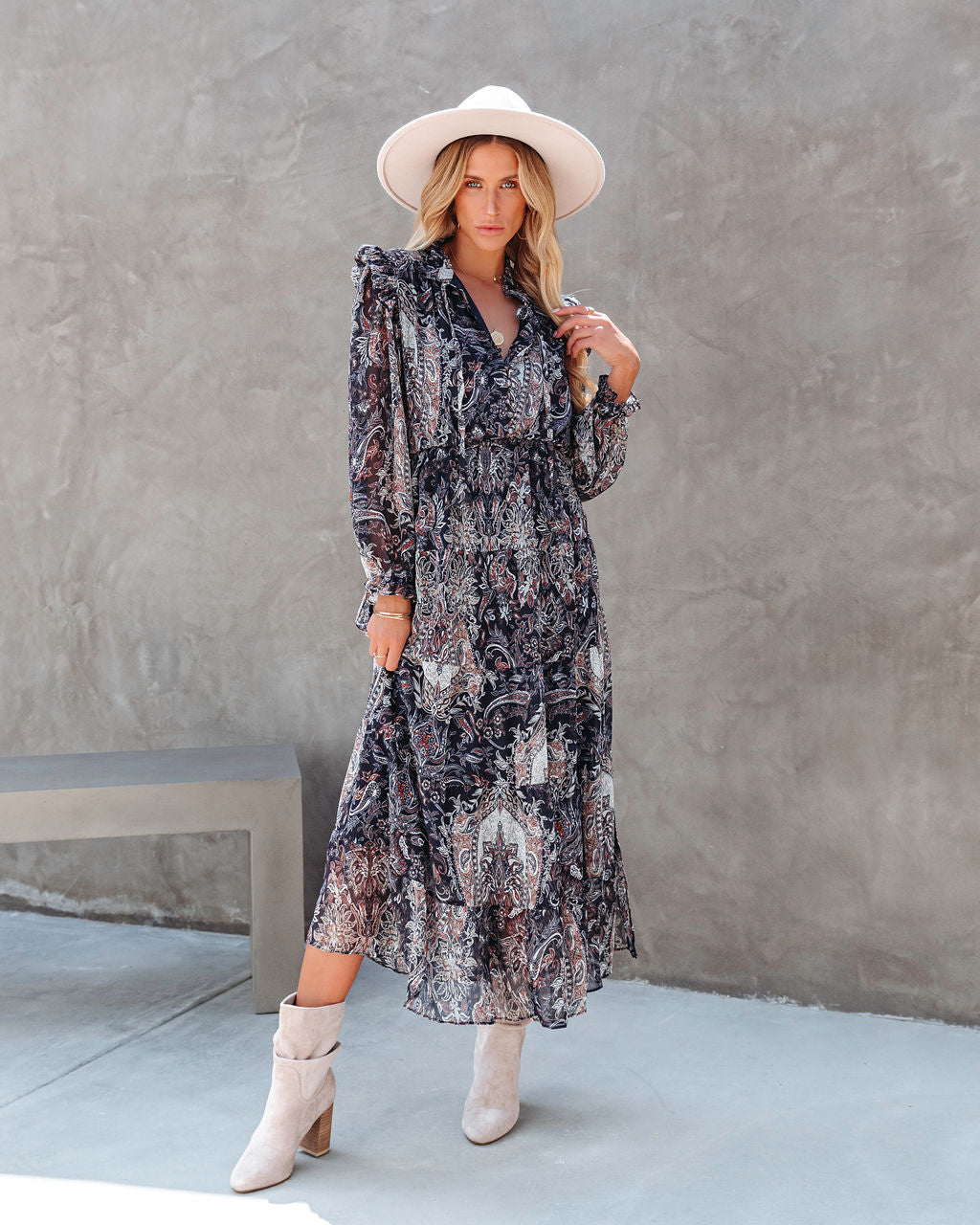 Indigo Printed Ruffle Smocked Maxi Dress