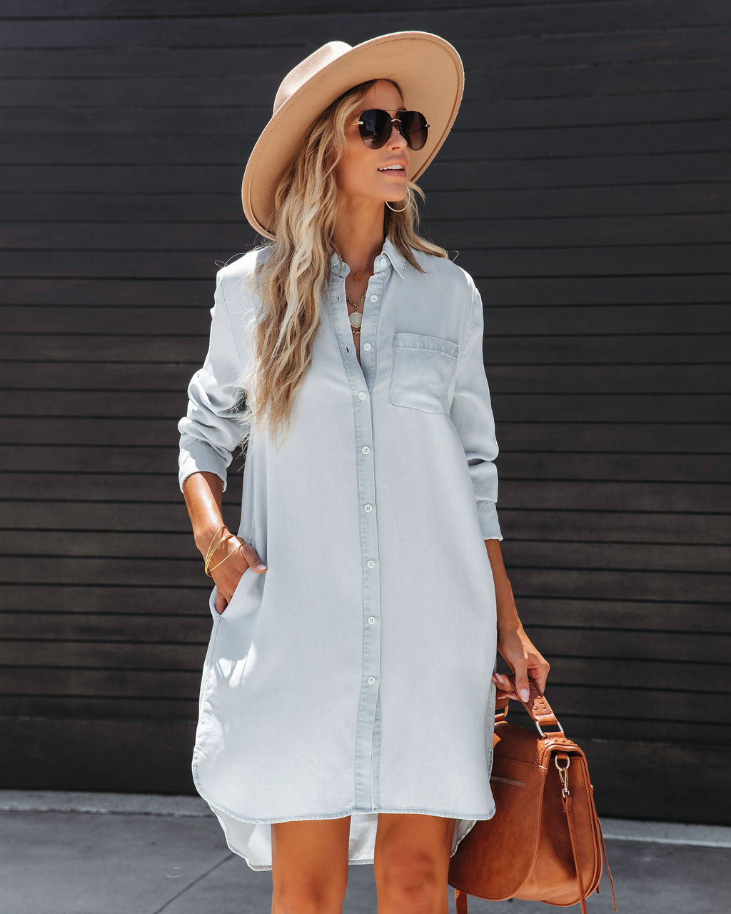 Dominic Chambray Pocketed Button Down Shirt Dress - SALE