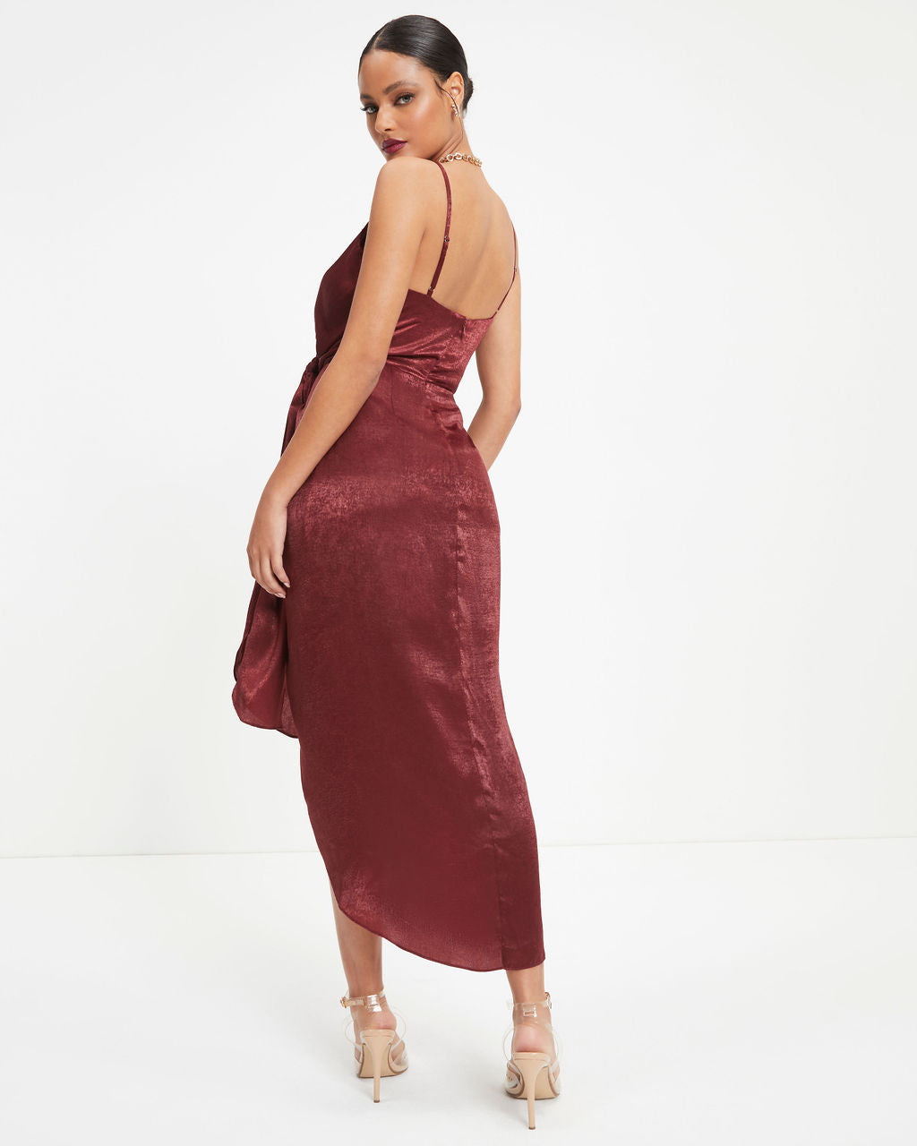 Token Of Gratitude Satin Midi Tie Dress - Wine