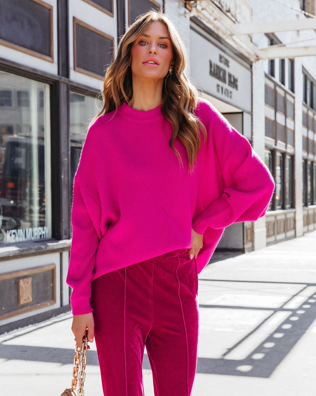 Bold Type Ribbed Pullover Sweater - Fuchsia