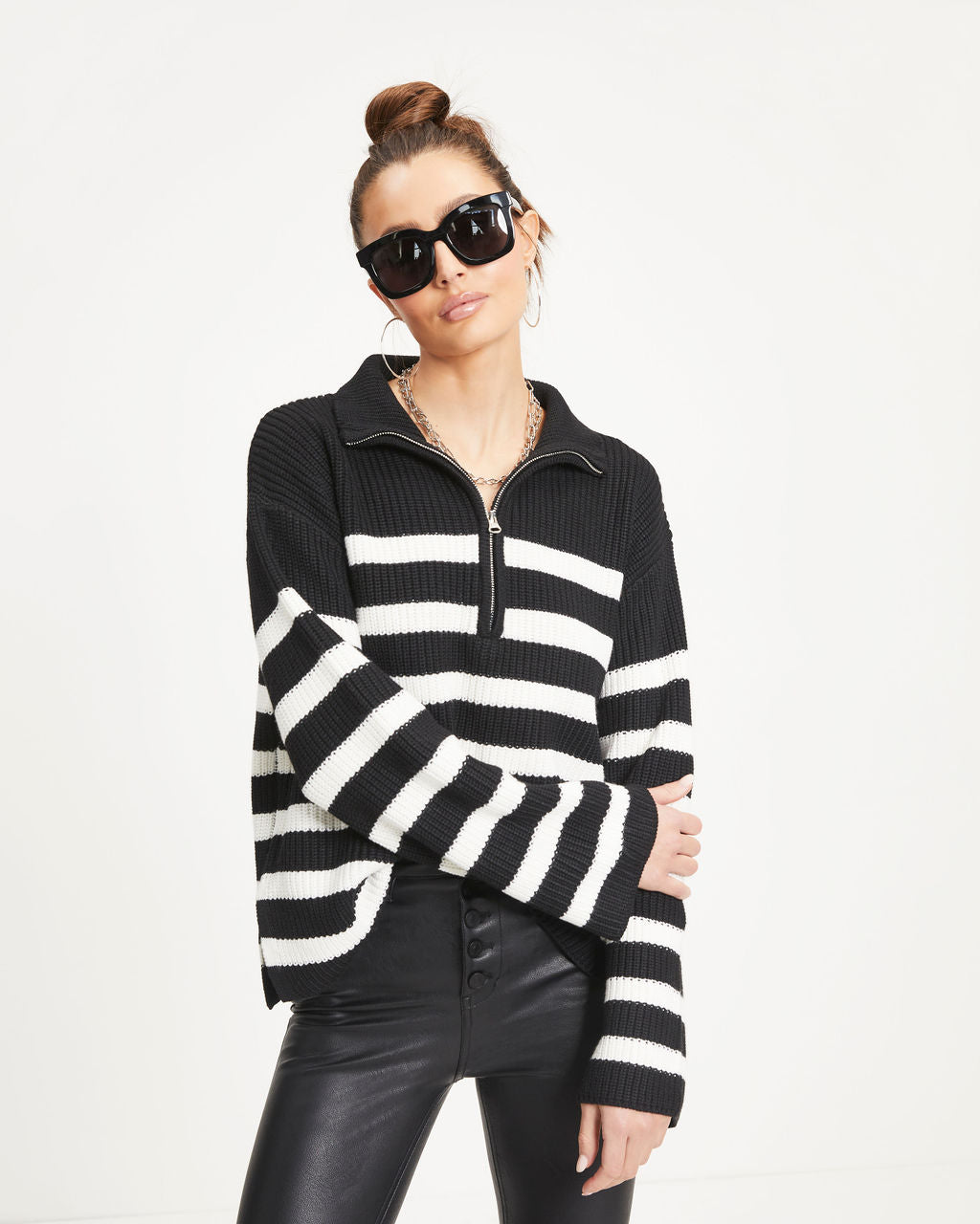 Nyla Striped Knit Half Zip Pullover Sweater - Black/Ivory