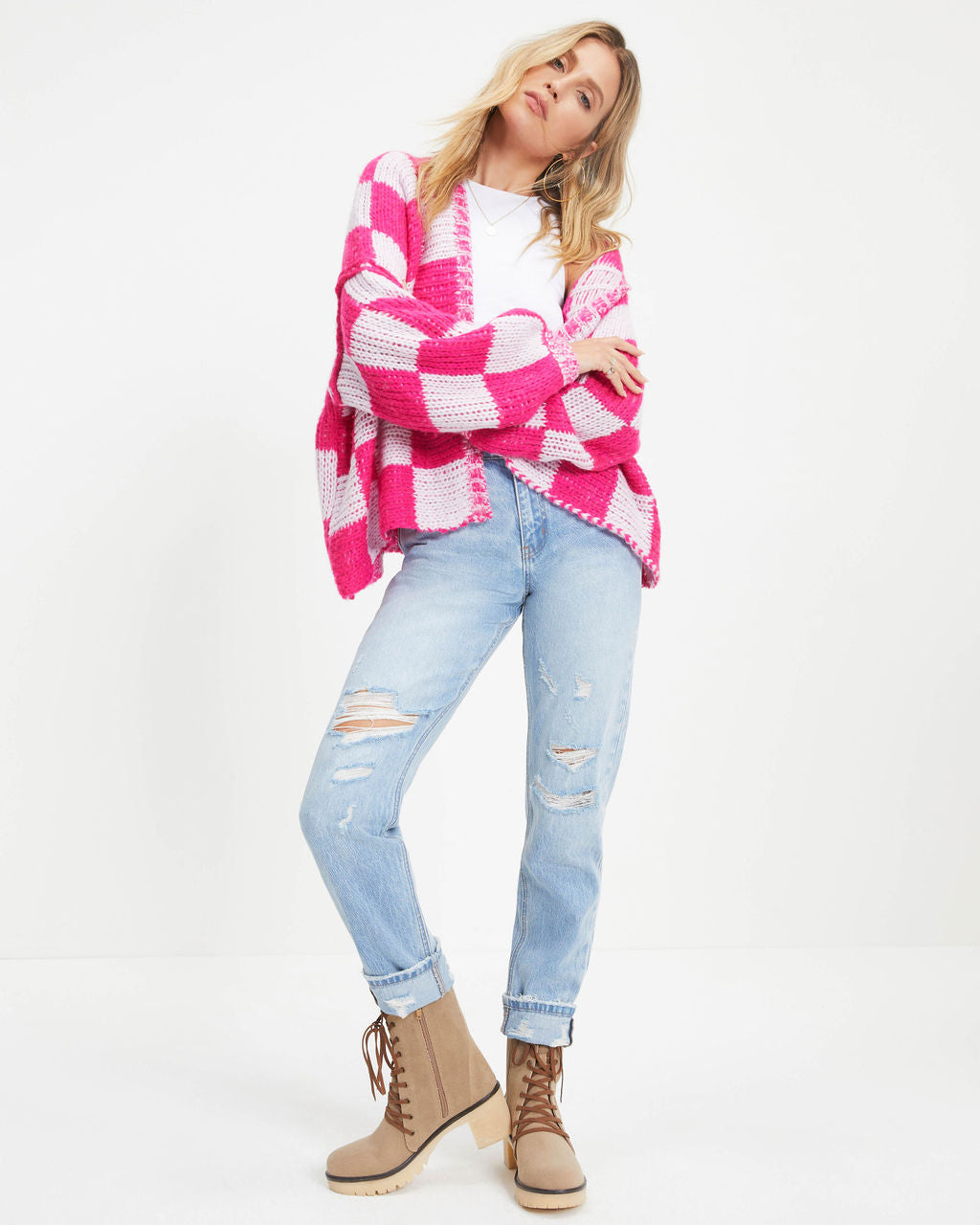 Checking All The Boxes Knit Cardigan - Fuchsia