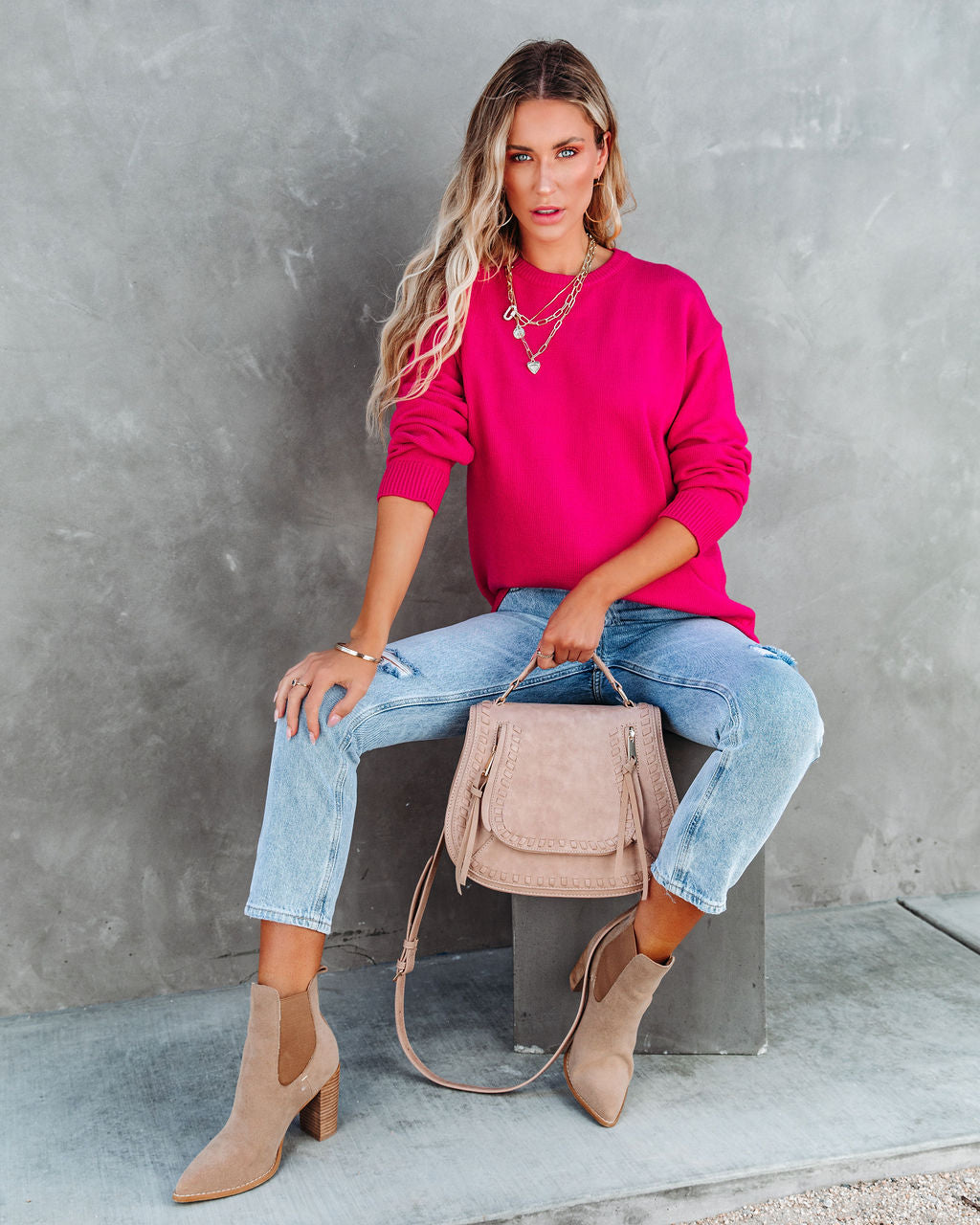 Korey Knit Oversized Pullover Sweater - Bright Pink