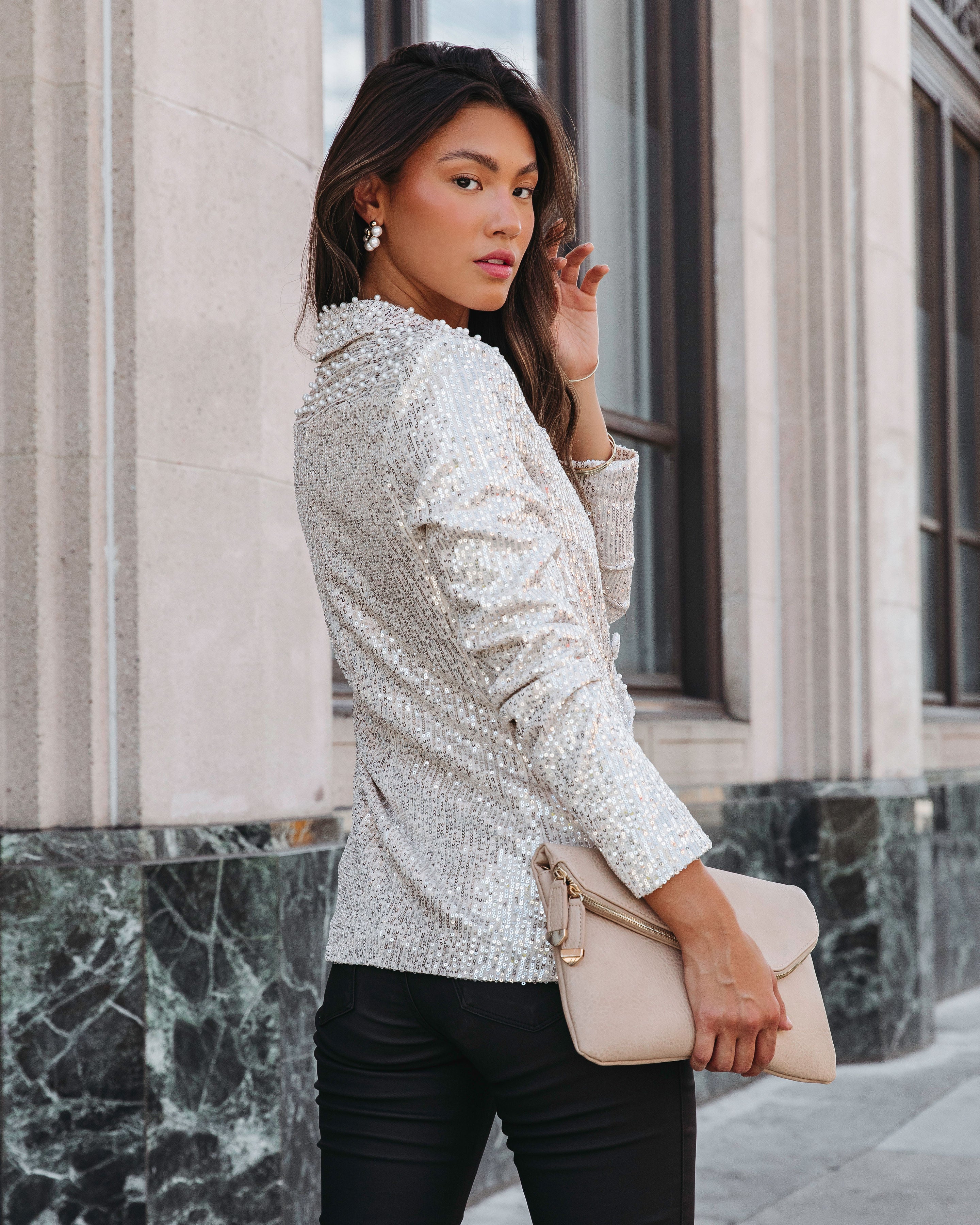 Friday Spotlight Pocketed Sequin Pearl Embellished Blazer - Silver