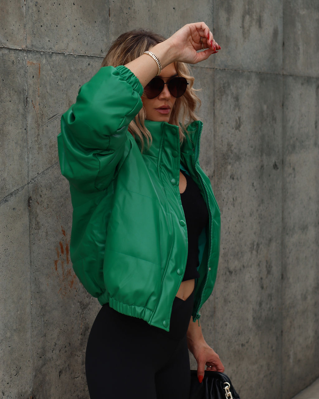 Apres Chic Pocketed Faux Leather Puff Jacket - Kelly Green
