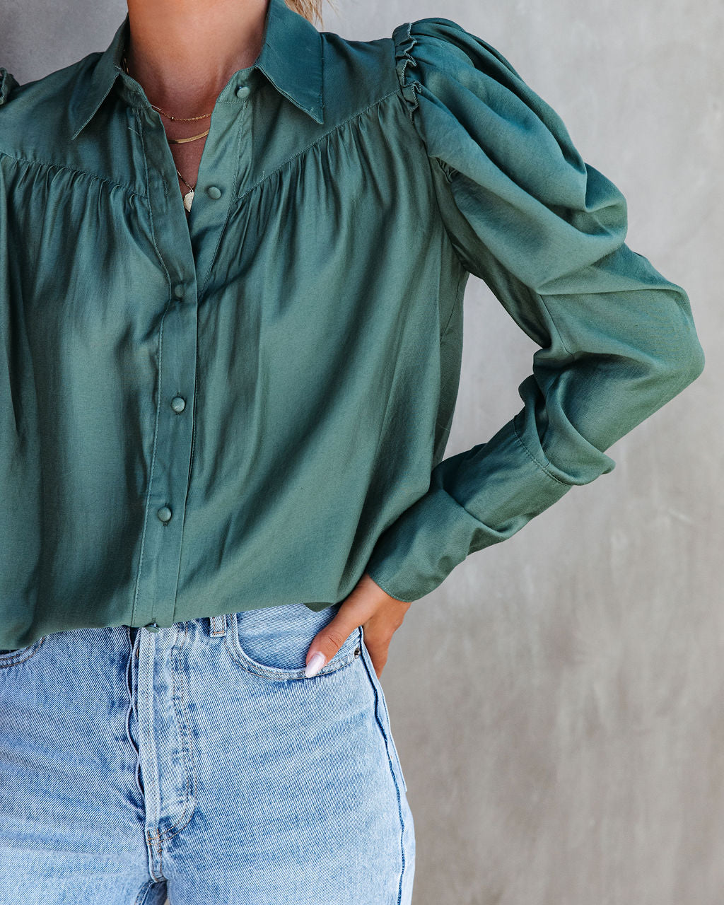 Southern Belle Puff Sleeve Button Down Top - Pine