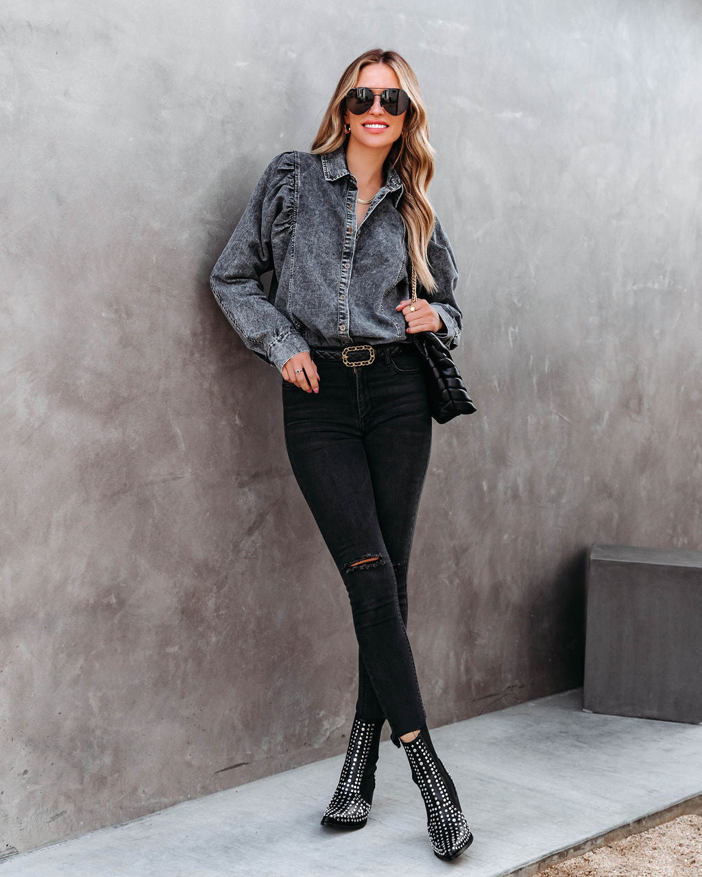 Express Yourself Cotton Mineral Wash Button Down Top - Black Wash