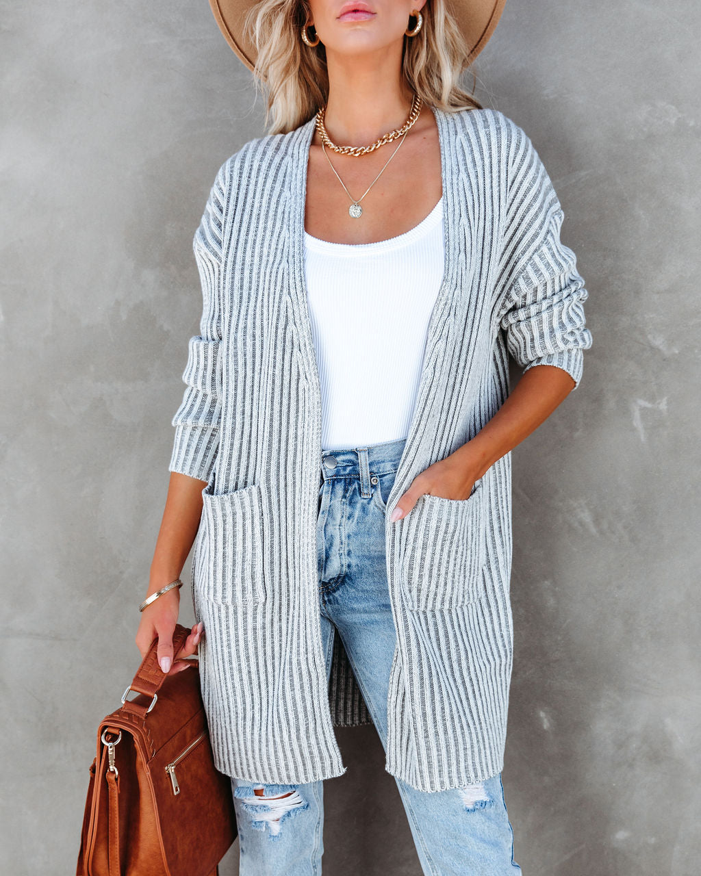 Riley Chunky Ribbed Knit Cardigan - Heather Grey