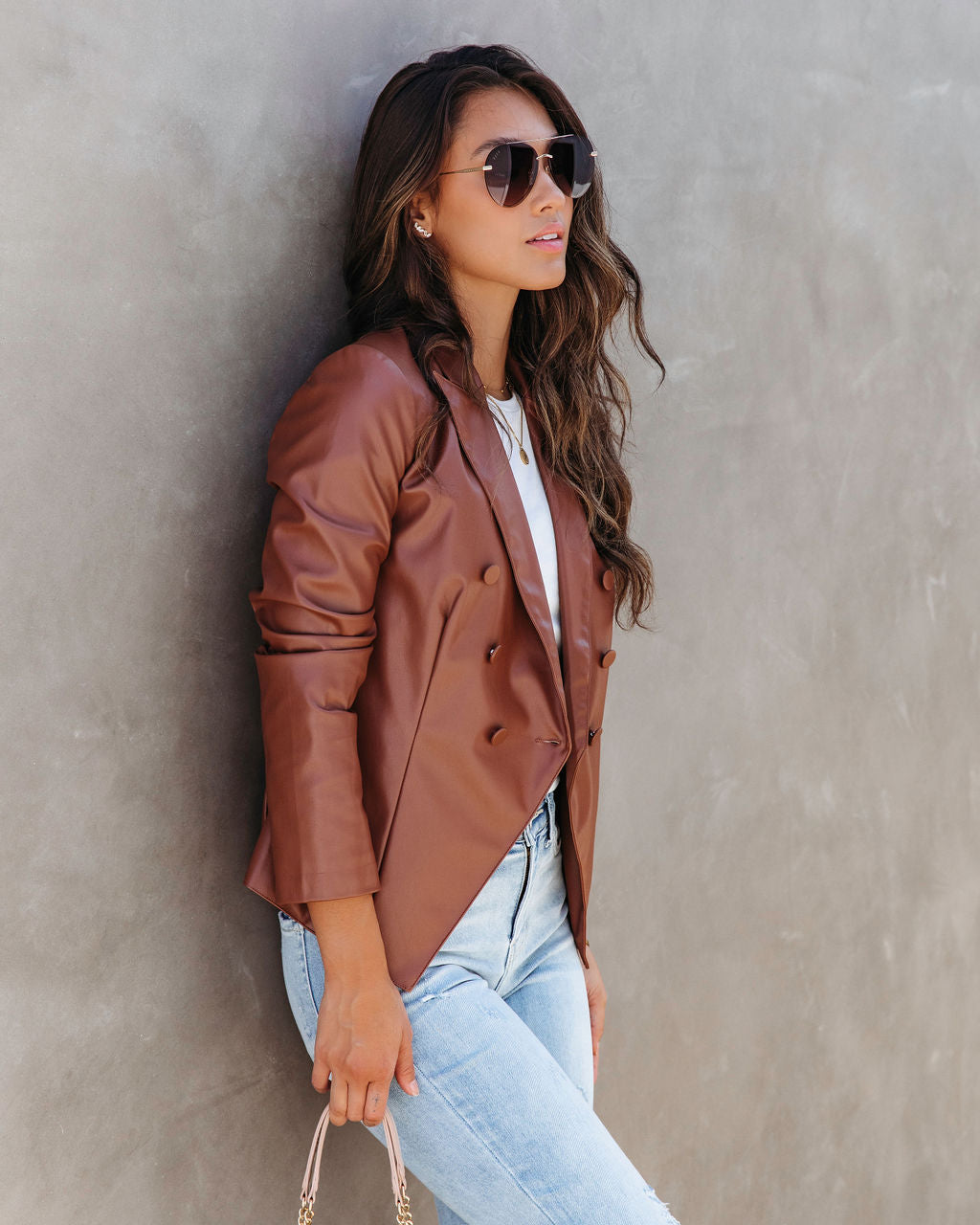 Angelique Faux Leather Blazer - Chestnut