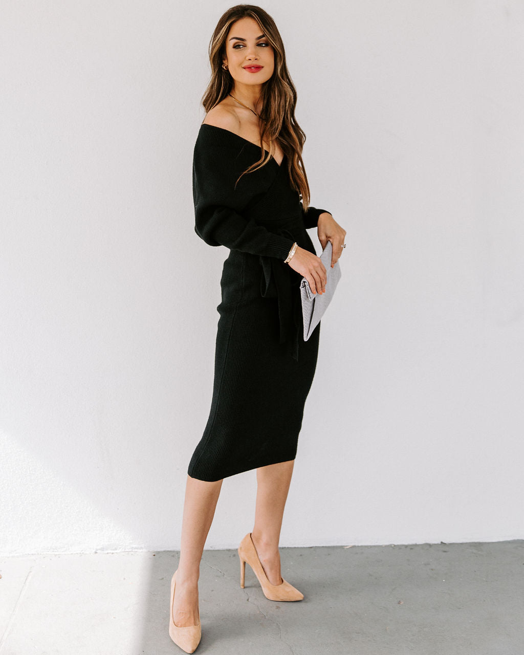 Yara Drape Knit Midi Sweater Dress - Black