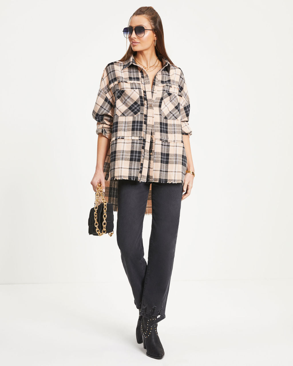 Roberta Plaid Pocketed Oversized Button Down Top