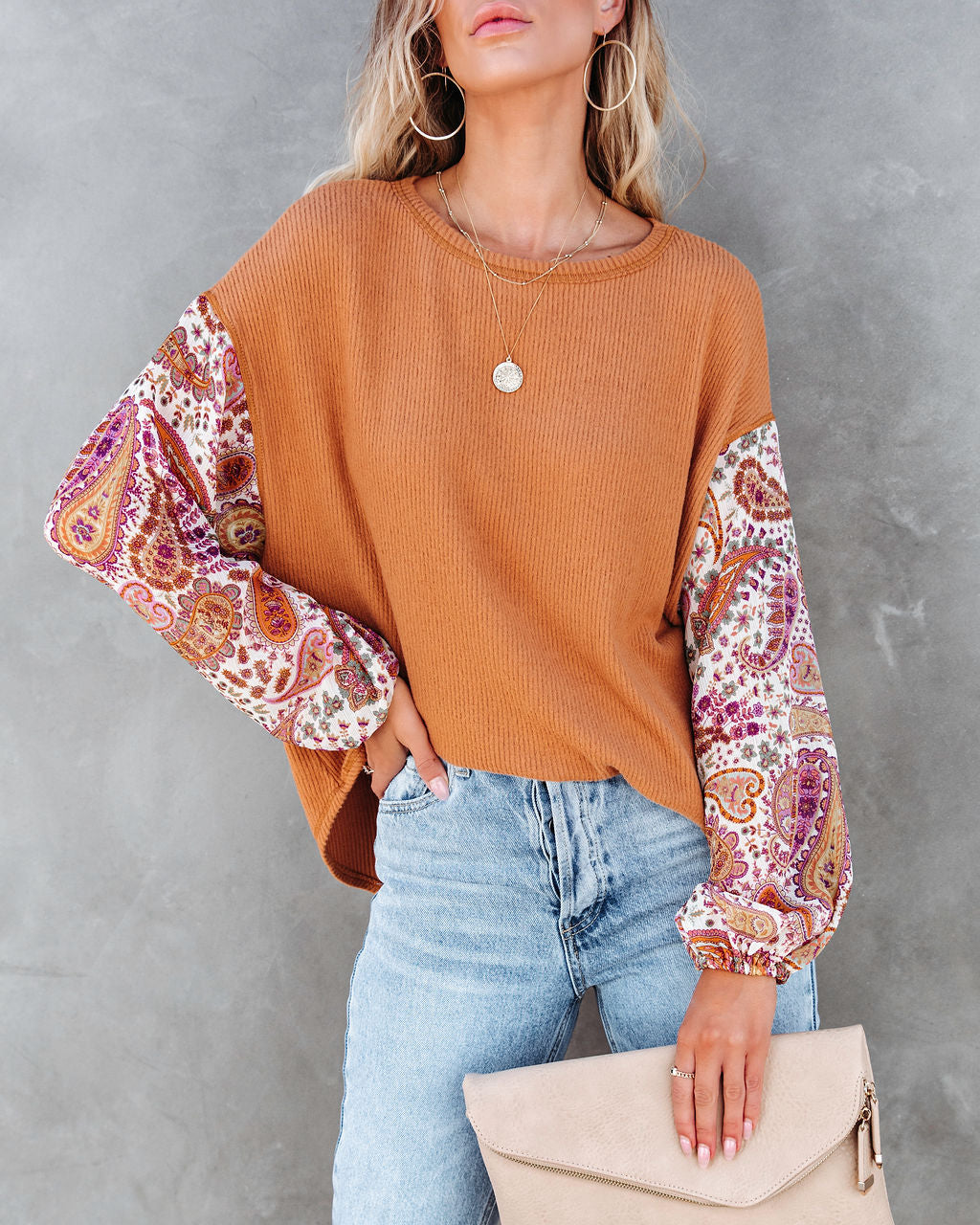 Dakota Ribbed Paisley Contrast Top