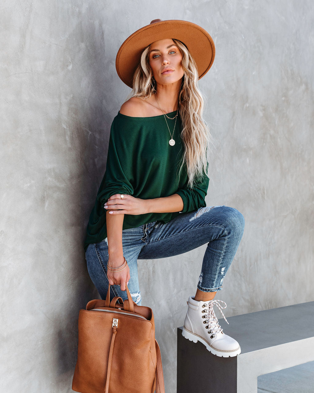 Jenna Boat Neck Long Sleeve Top - Hunter Green