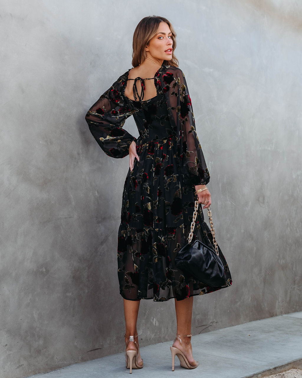 Never Forget Me Floral Burnout Velvet Midi Dress - Black