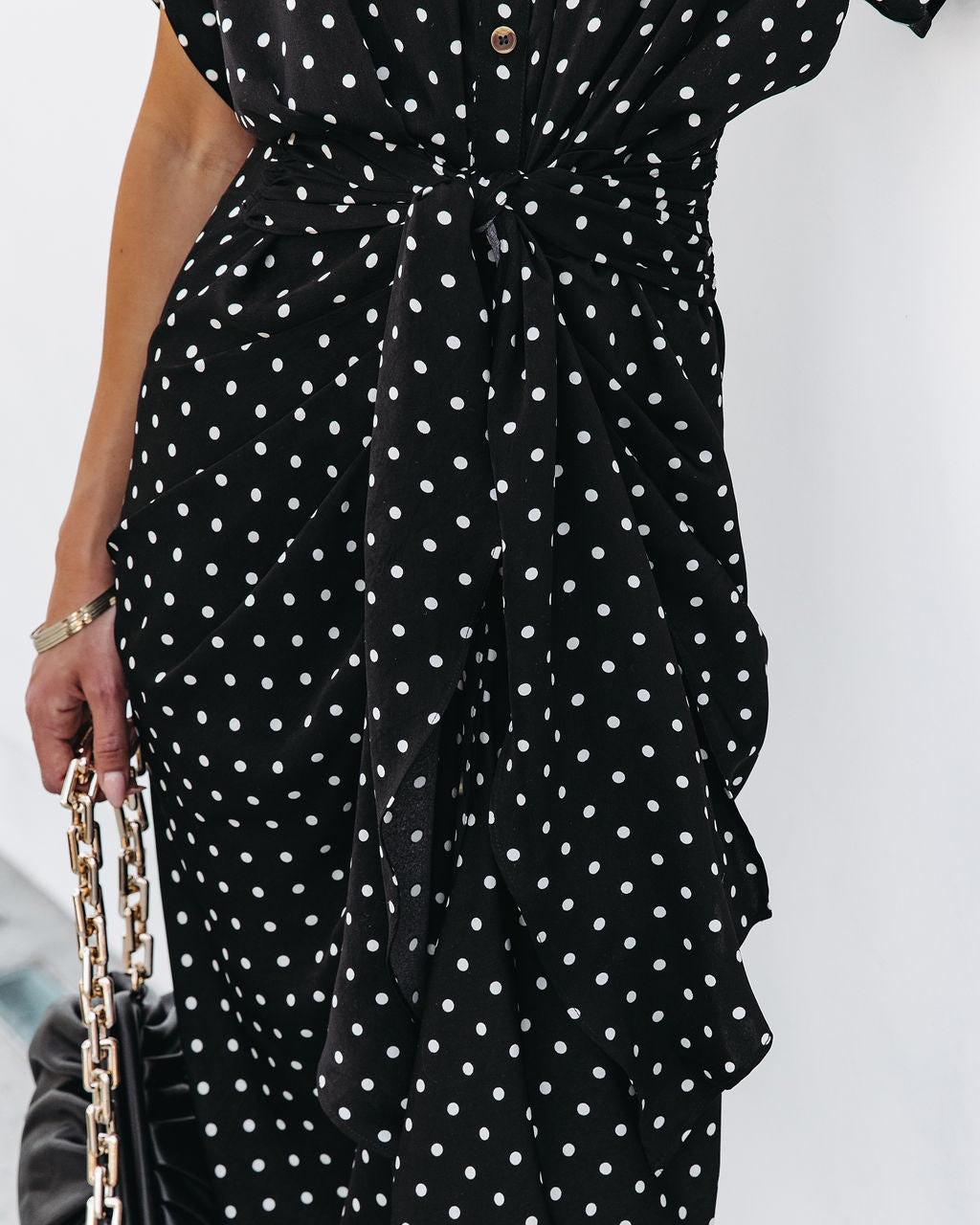 Aurielle Polka Dot Tie Front Midi Shirt Dress - Black - FINAL SALE