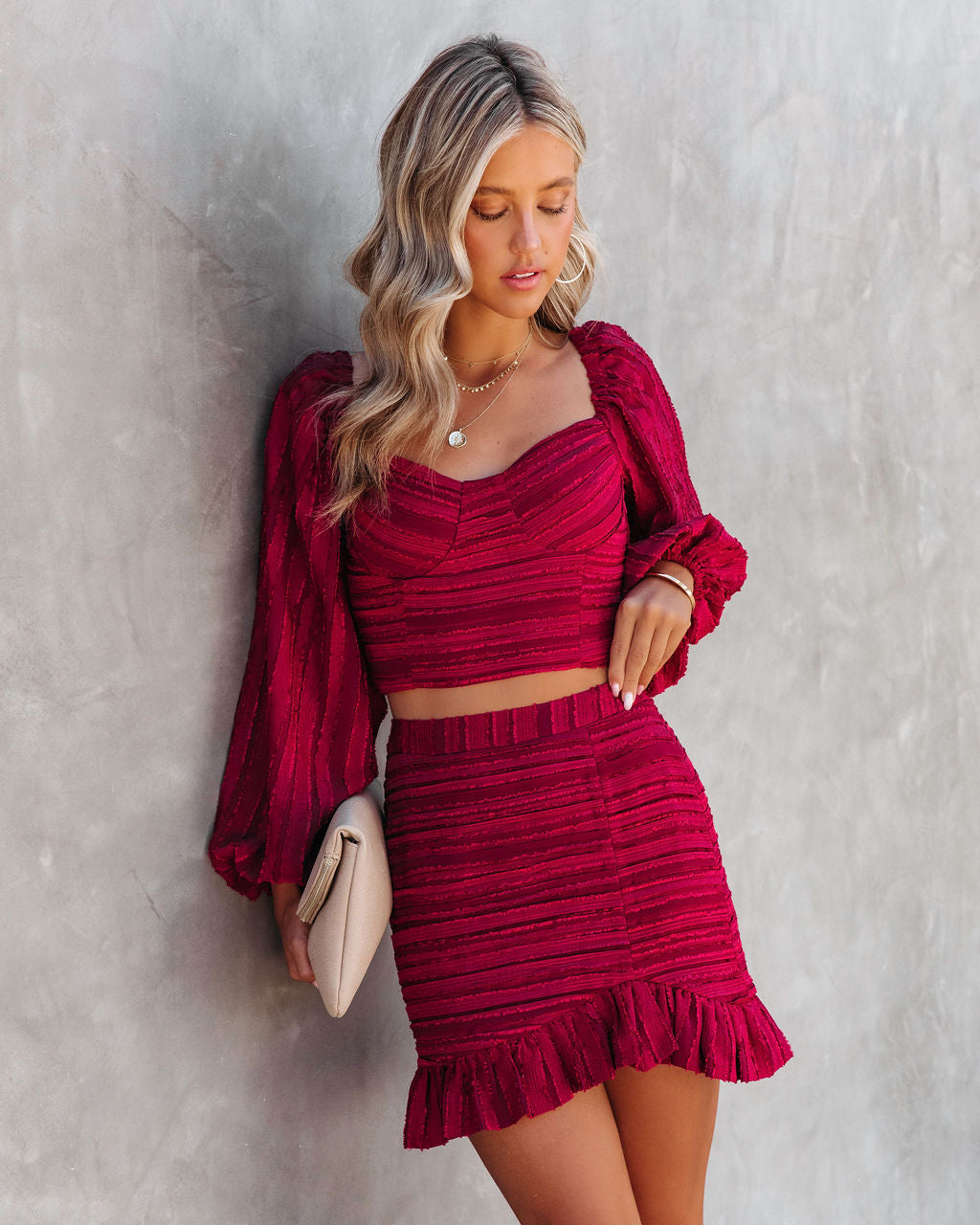 Scarlett Textured Balloon Sleeve Crop Top - Burgundy - FINAL SALE