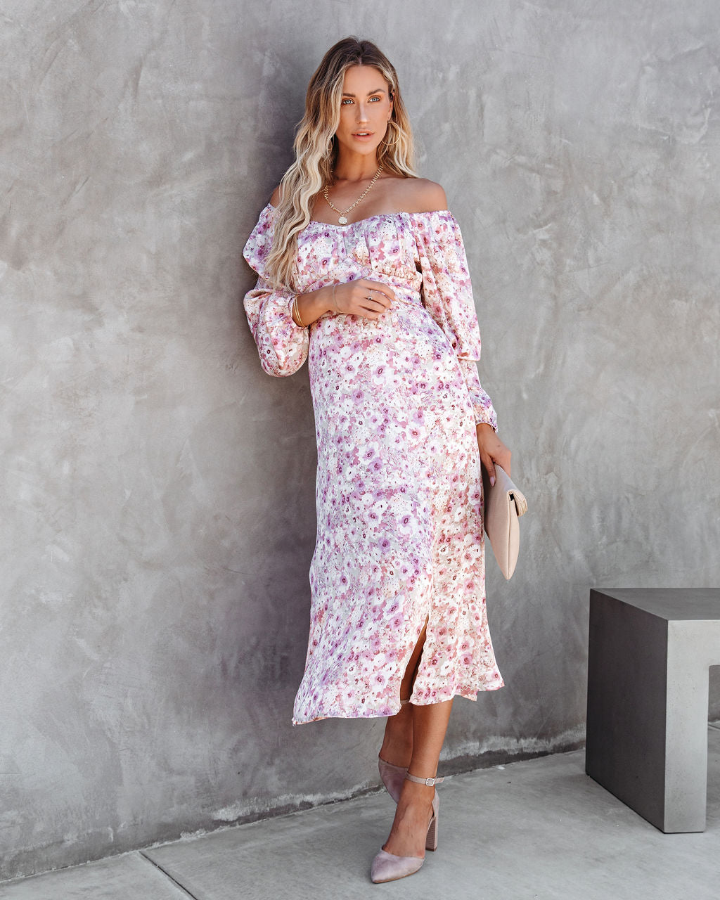 Cherry Blossom Balloon Sleeve Midi Dress